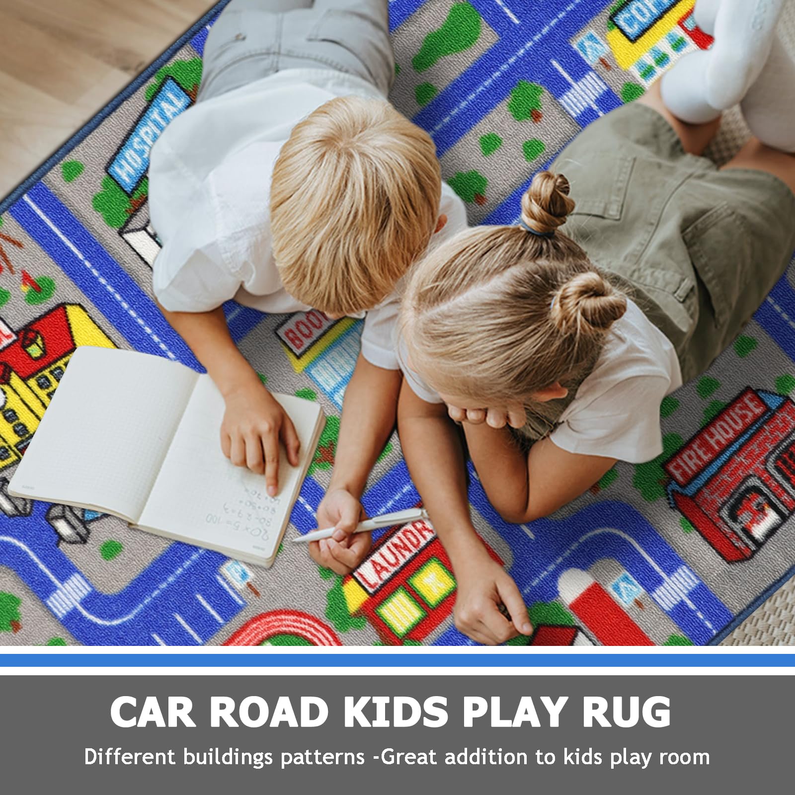 Non-Slip Washable Blue City Map Road Playmat for Kids - 5'x2.7' Carpet Rug for Toddler Playroom, Nursery & Bedroom Decor - Perfect for Pretend Play, Learning Traffic Rules & Safe Floor Activities