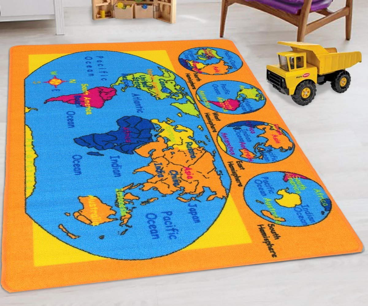 World Map Rug for Kids - Non-Slip Educational Play Mat for Nursery & Daycare