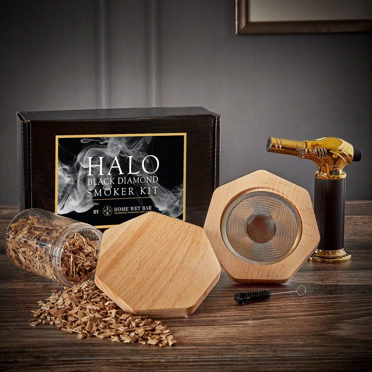 Premium Black Diamond Engraved Cocktail Smoker Kit - 9 Piece Luxury Cocktail Smoking Set with Wood Chips & Torch for Home Bars, Parties & Mixology Gifts