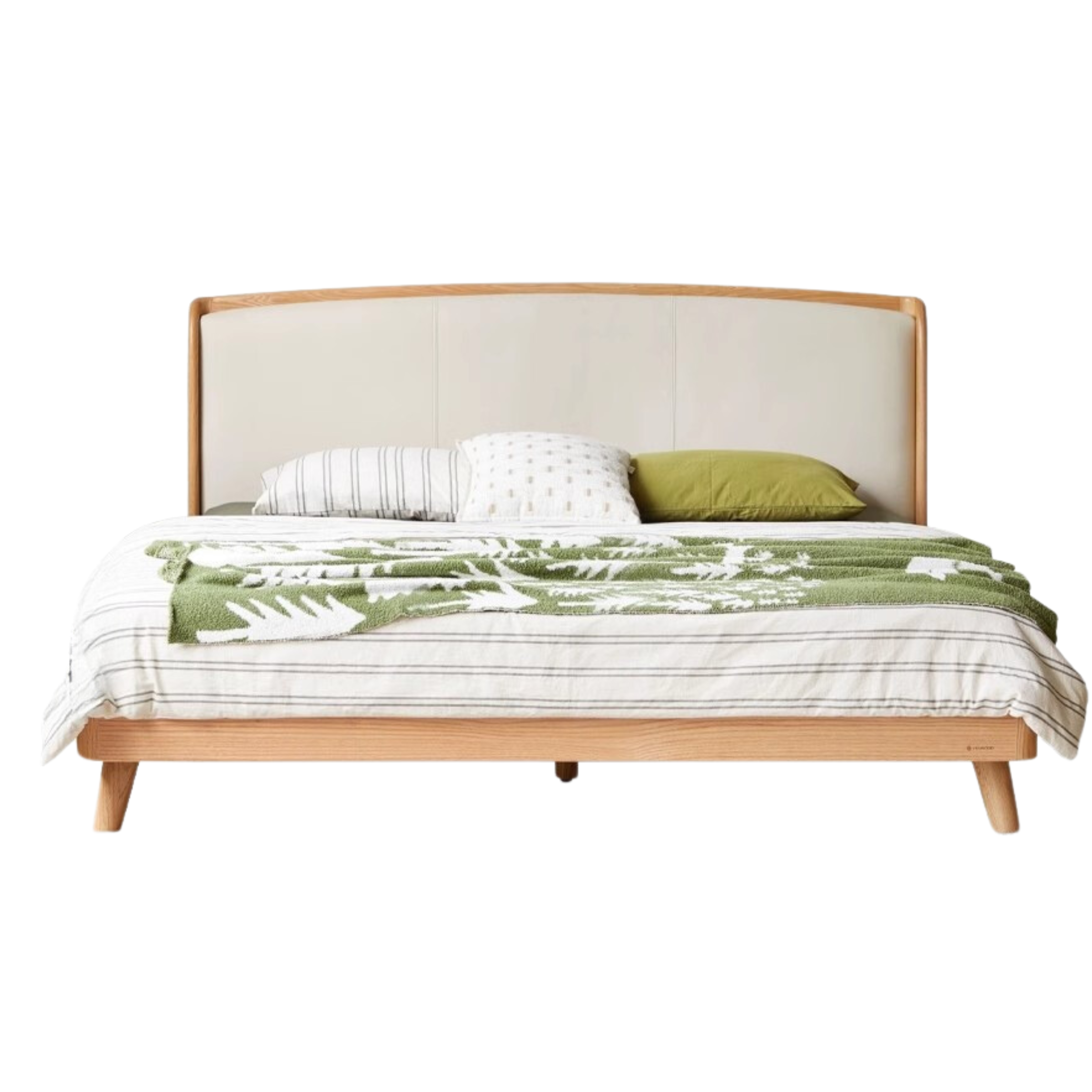 Premium Solid Oak Wood Bed Frame with Genuine Leather Headboard & Tech Fabric Upholstery - Modern Bedroom Furniture for Master Suite, Guest Room, or Apartment