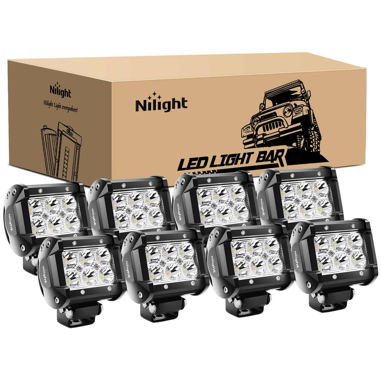 Nilight NI 06A-18W LED Light Bar - 8PCS 18W 1260LM Spot LED Pods for Off-Road Driving, Fog Lights, Jeep & Truck Lighting - 2 Year Warranty | Perfect for Off-Road Adventures, Night Driving & Vehicle Customization