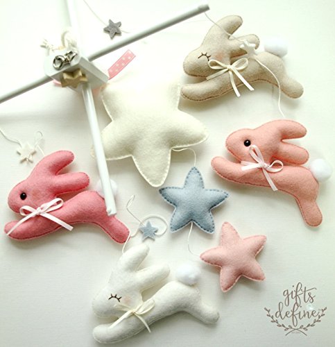 Handmade Cottontail Bunny Rabbit Nursery Mobile - Stars & Moon Baby Crib Decor for Newborns & Toddlers | Perfect for Bedroom, Baby Shower Gifts & Gender-Neutral Nursery Themes
