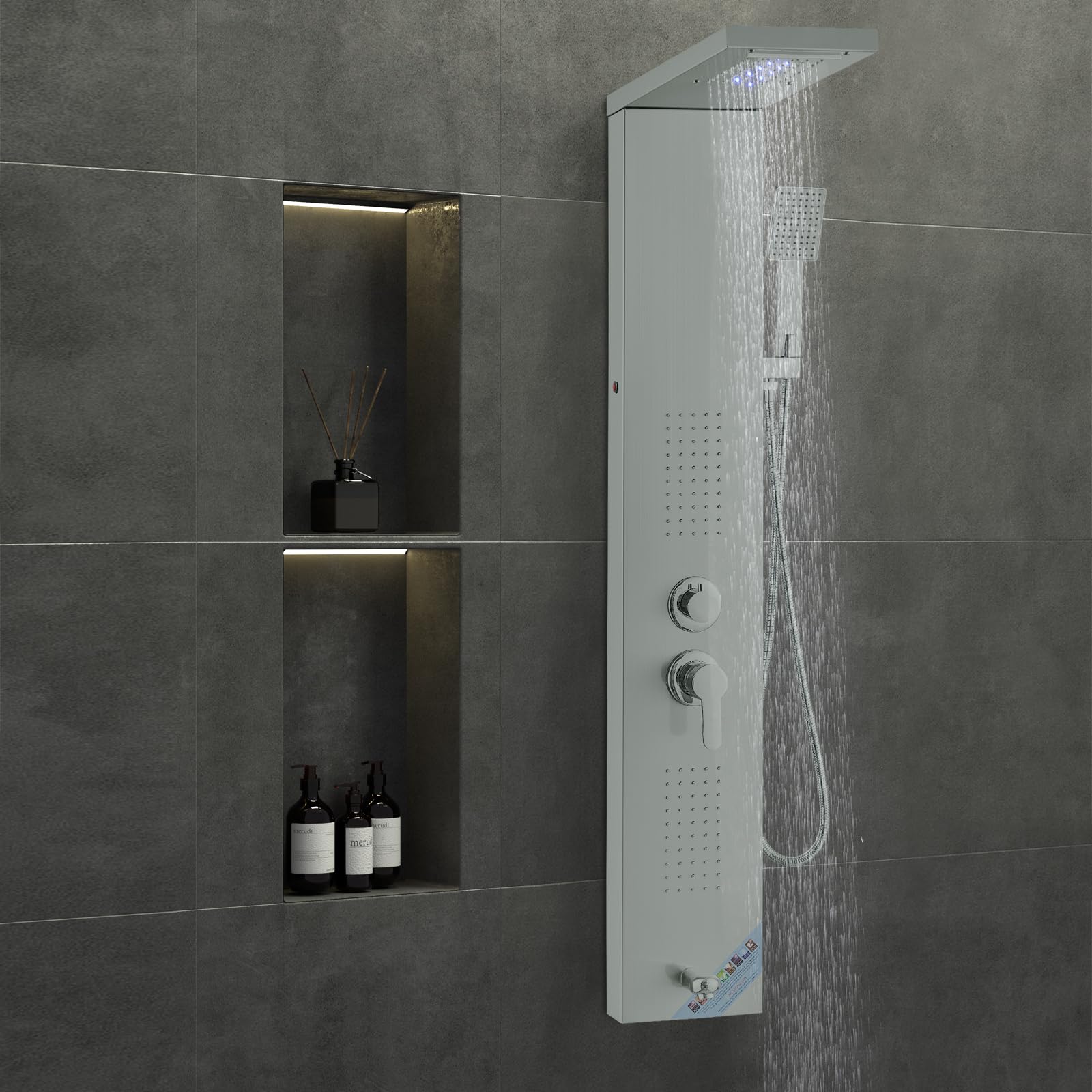 VEVOR Stainless Steel Shower Panel System with 5 Shower Modes - LED Rainfall Shower Head, Waterfall, 2 Body Massage Jets, Tub Spout & Handheld Shower with 59