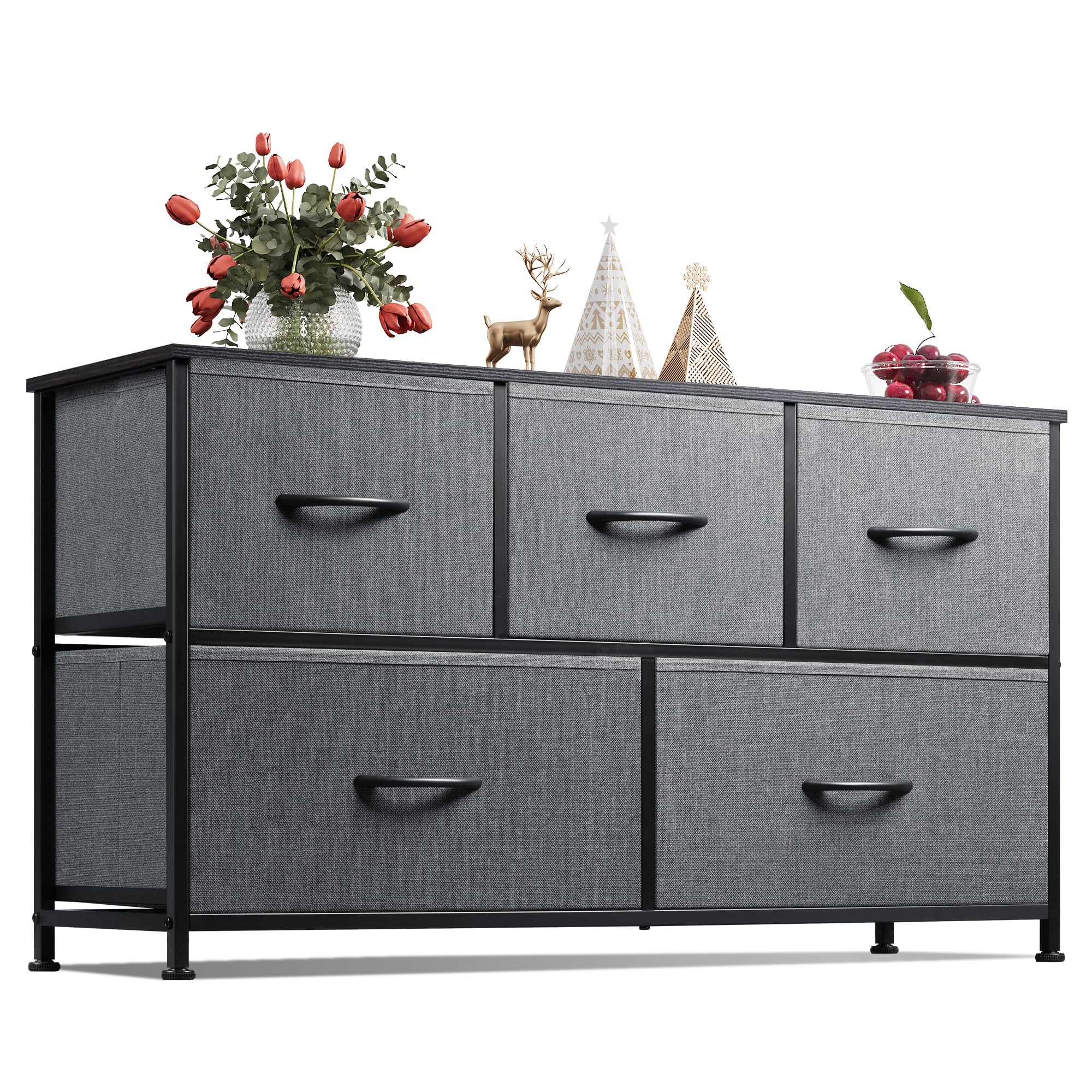 5-Drawer Fabric Dresser for Bedroom - Wide Storage Organizer with Fabric Bins, Dark Grey Chest of Drawers for Closet, Living Room & Hallway - Perfect for Small Space Organization & Home Decor