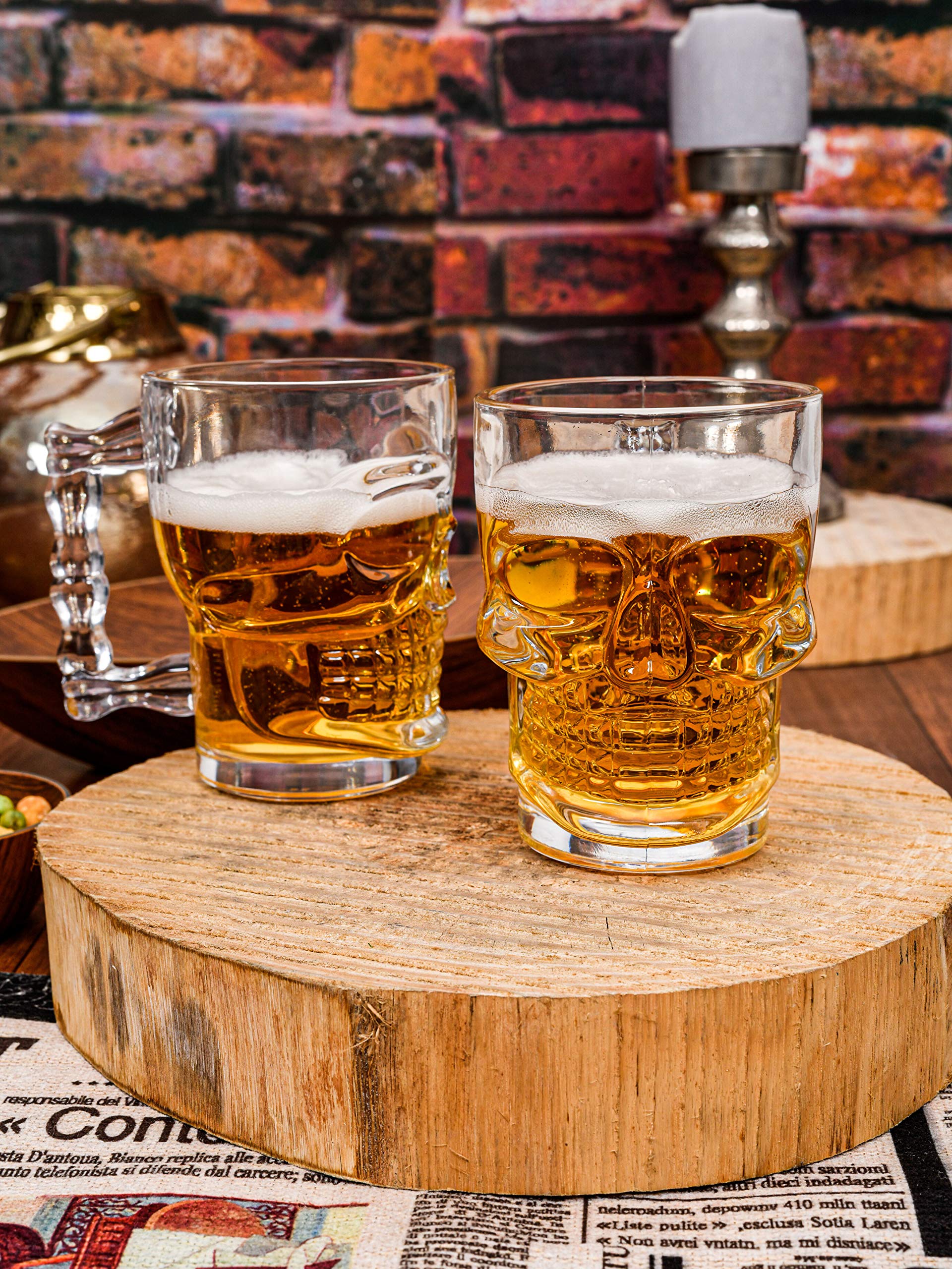 Premium Glass Skull Beer Mugs Set of 2 - 520ml Capacity - Gothic Barware for Halloween Parties, Themed Events & Unique Home Decor