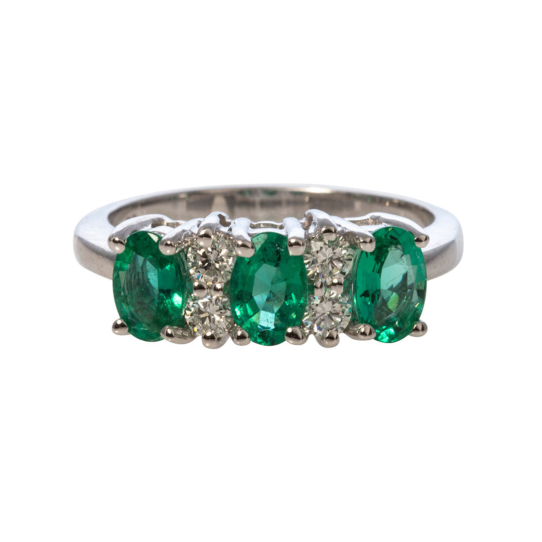 Three Stone Oval Emerald & Diamond 14K White Gold Ring for Women | Elegant Engagement, Wedding & Anniversary Jewelry Gift | Perfect for Special Occasions & Everyday Luxury