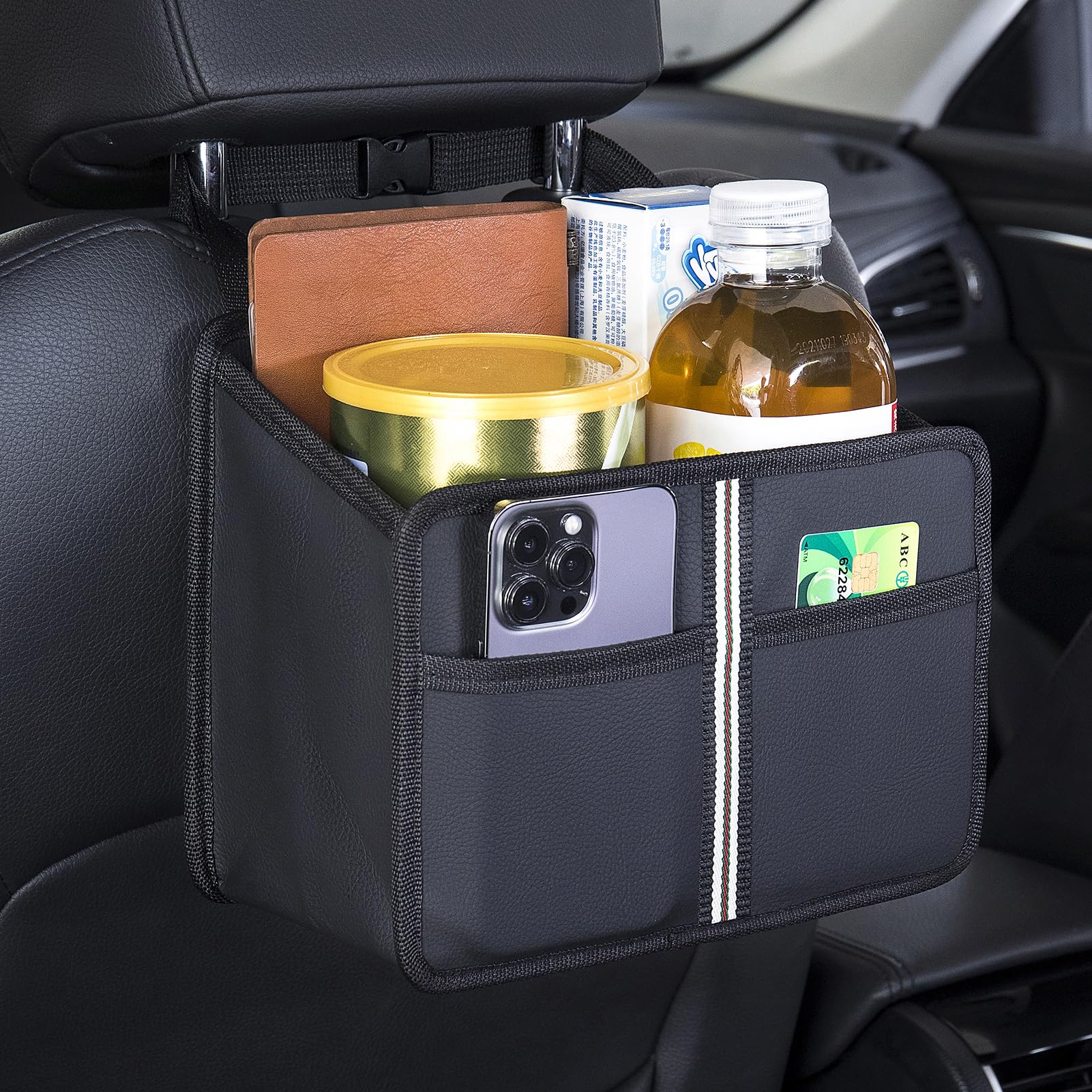 Premium PU Leather Hanging Car Seat Organizer - Ultra-Durable Foldable Backseat Storage Bag for Kids & Adults (Small) | Perfect for Road Trips, Family Travel & Daily Commute