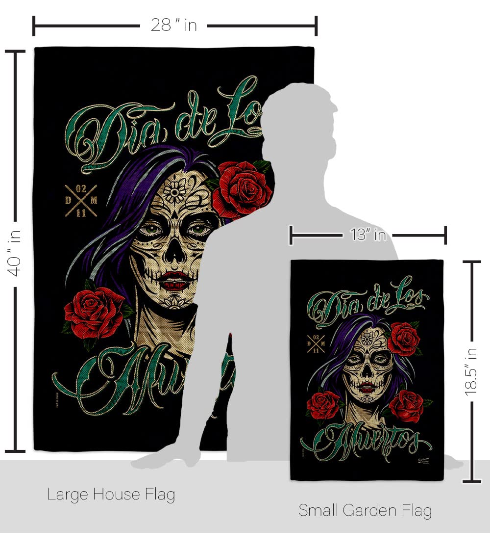 La Catrina Rose Burlap Garden House Flag Kit - Double-Sided Fall Day of the Dead Decor | Dia De Los Muertos Fiesta Mexican Party Banner | Autumn Yard Decoration | Made in USA | Perfect for Halloween, Thanksgiving & Outdoor Seasonal Displays