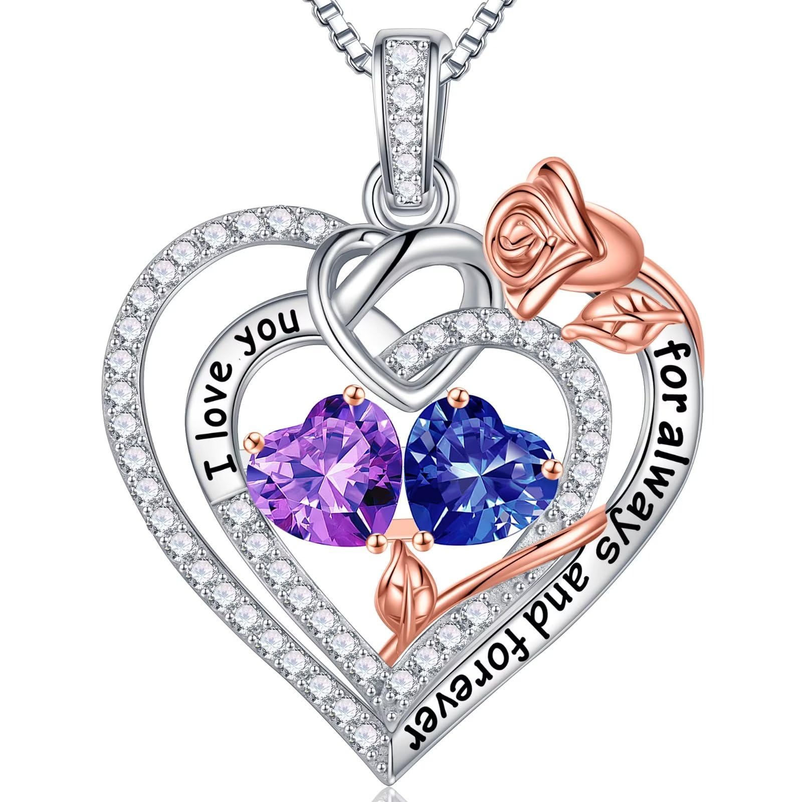 925 Sterling Silver Rose Heart Birthstone Necklace for Women - Personalized Mother's Day, Birthday, Anniversary & Christmas Gifts for Her, Mom, Wife, Daughter, Girlfriend | Elegant Jewelry for Special Occasions & Everyday Wear