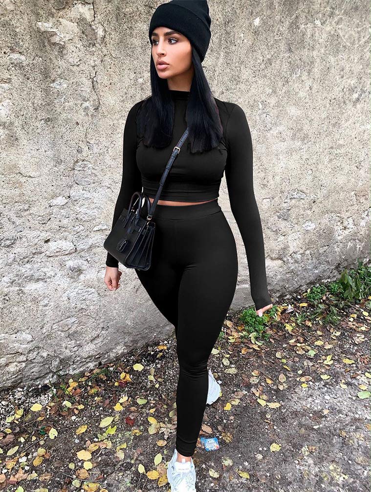 GOKATOSAU Women's Sexy 2 Piece Outfit Long Sleeve Crop Top & High Waist Pants Set - Clubwear, Party Jumpsuit for Night Out, Date Night, and Casual Wear