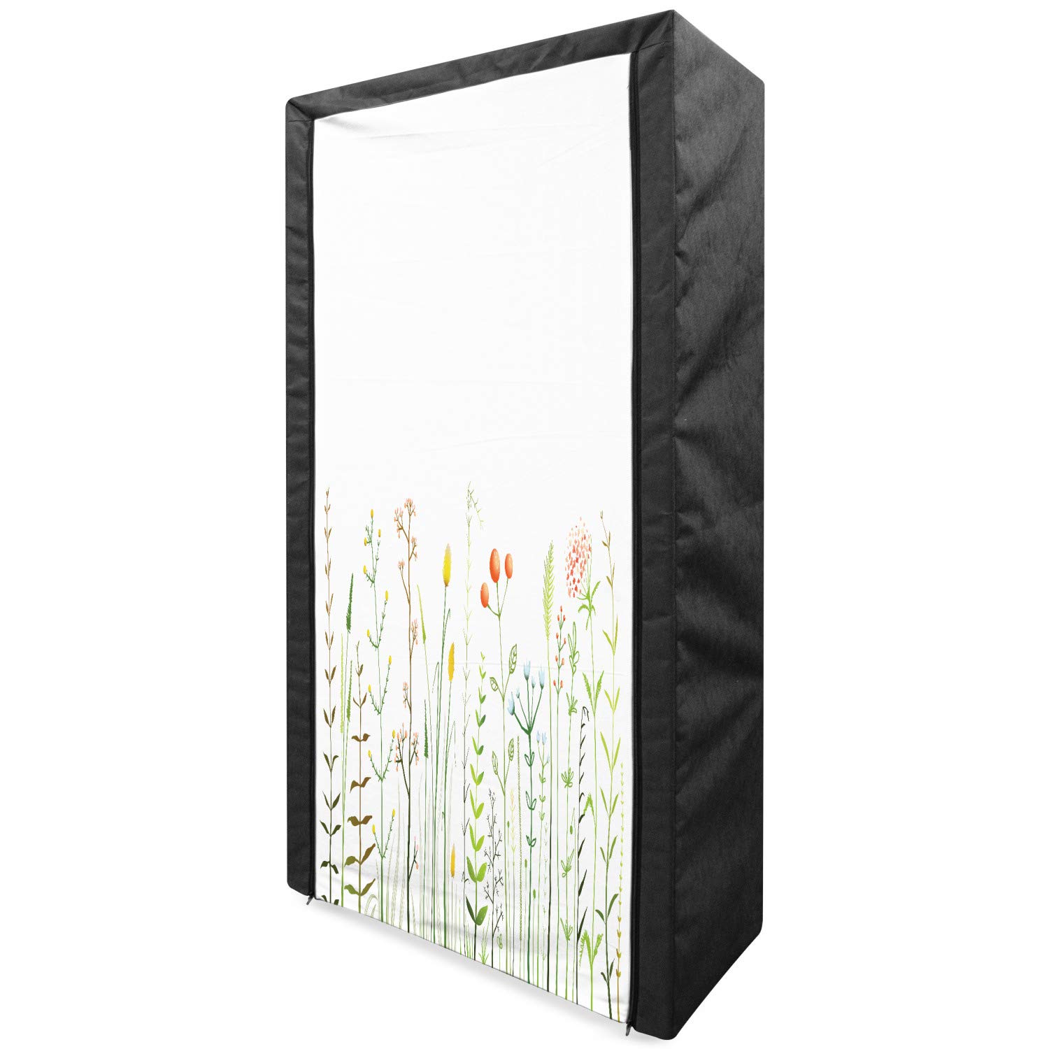 Ambesonne Green Floral Portable Fabric Wardrobe Closet Organizer with Shelves, 33.5 Inch Multicolor - Nature Inspired Grass Pattern & Wildlife Illustration for Rustic Home Decor - Perfect for Bedroom, Closet, Dorm, or RV Storage Organization