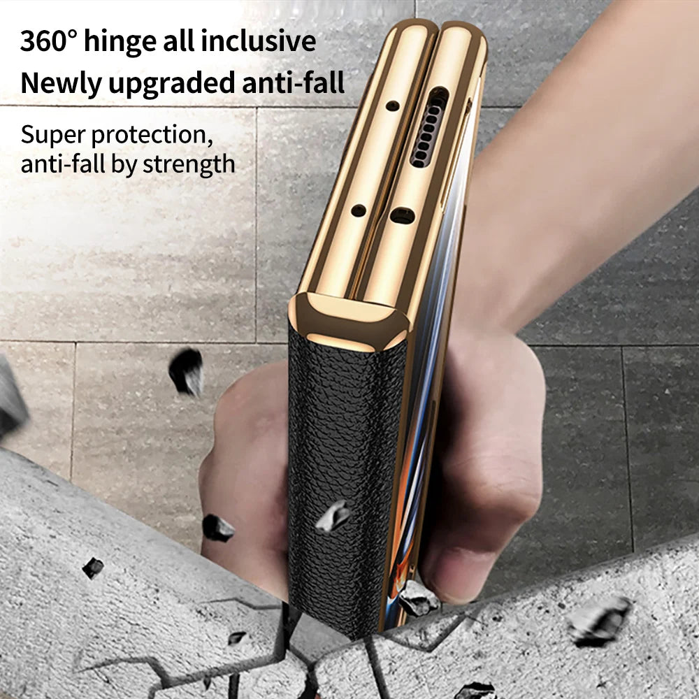 Premium Real Leather Phone Case for Samsung Galaxy Z Fold 6 with Hinge Kickstand - Slim Protective Cover for Work, Travel & Everyday Use