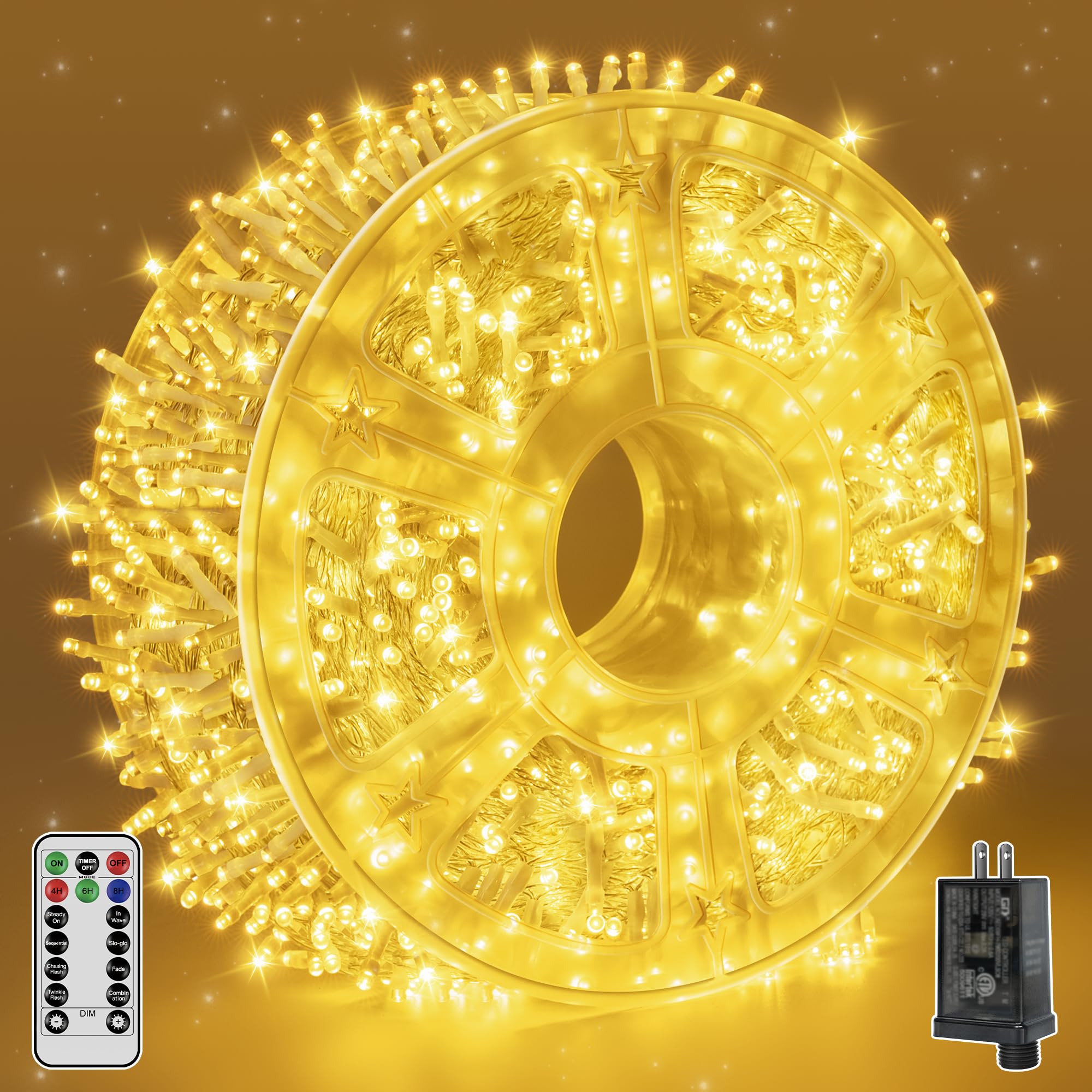 1200LED 196FT Outdoor String Lights with Remote & Timer - Waterproof Dimmable Fairy Lights in Warm White, 8 Lighting Modes for Wedding, Party, Garden, Patio, Backyard, Holiday & Christmas Decorations