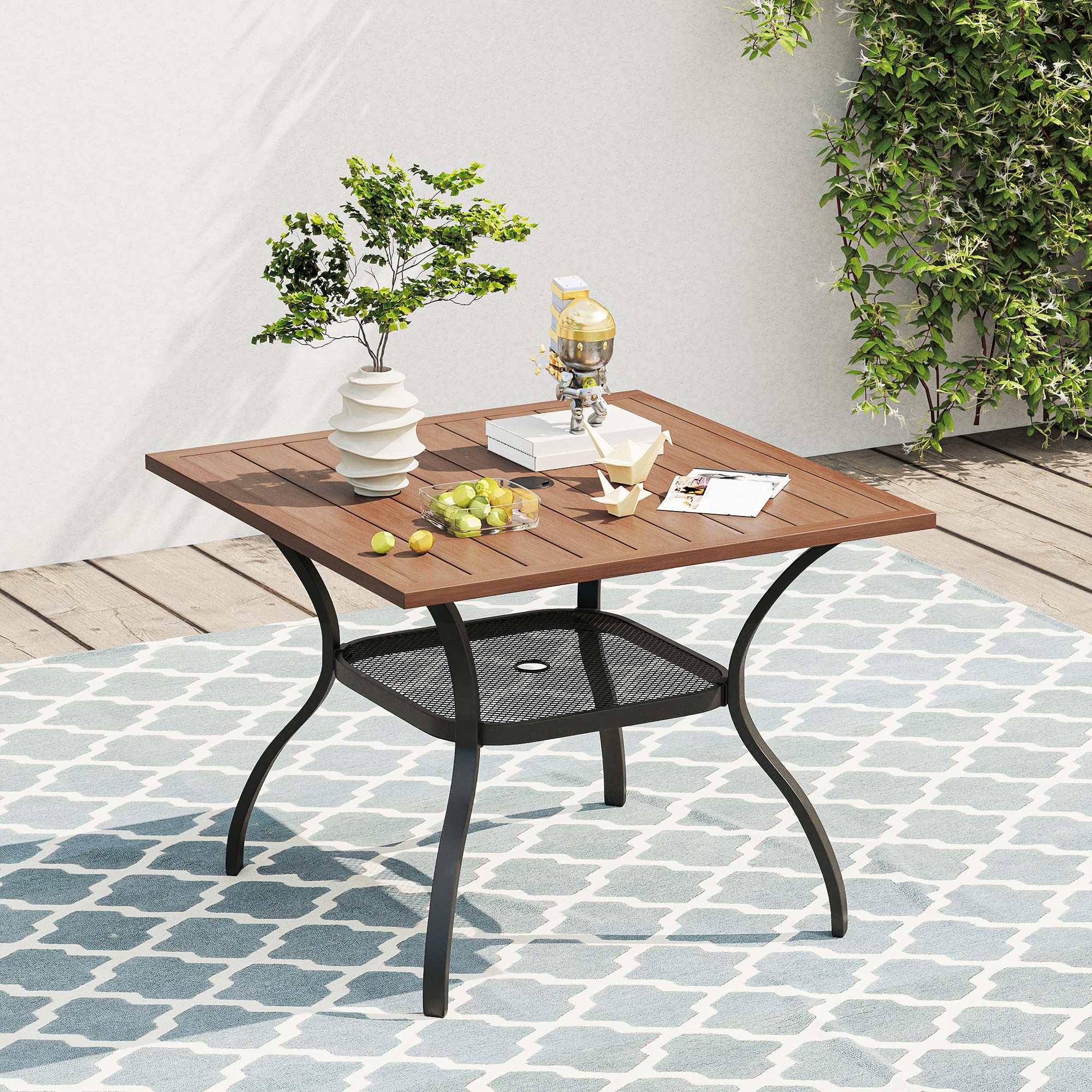 VICLLAX 4-Person Outdoor Patio Dining Table - Square Metal Slatted Design with Storage Shelf & Umbrella Hole - Weather-Resistant Walnut Finish - Perfect for Backyard, Deck, Garden & Poolside Dining