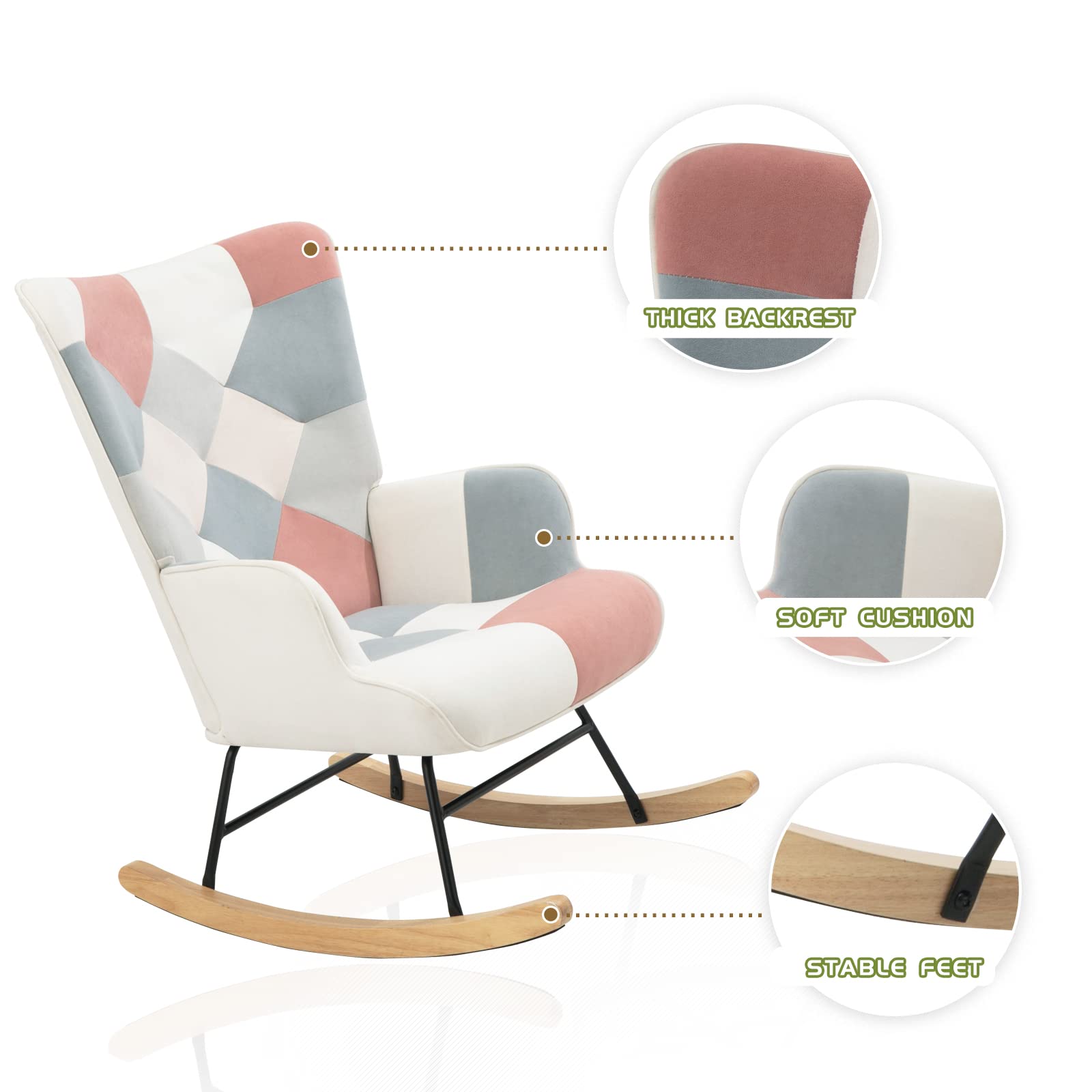 HomVent Upholstered Rocking Chair - Mid Century Modern Fabric Comfortable Nursery Rocker with Tall Back & Wood Base - Accent Armchair for Adults & Kids - Perfect for Living Room, Bedroom, Nursery & Relaxation Spaces