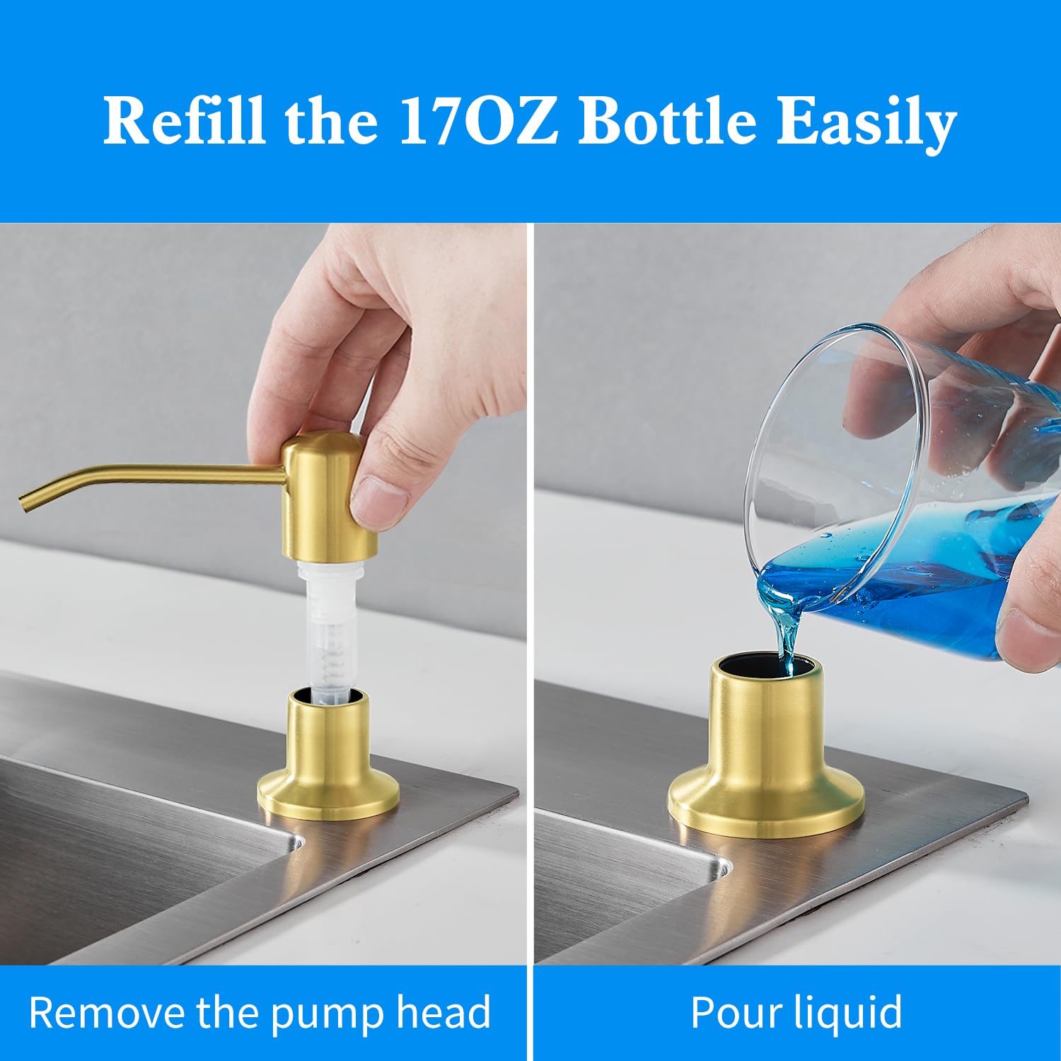 Gold Brushed Stainless Steel Built-In Soap Dispenser for Kitchen Sink - 17OZ Refillable Countertop Pump for Dish Soap & Hand Lotion | Modern Touch-Free Design for Hygienic Hand Washing & Dish Cleaning