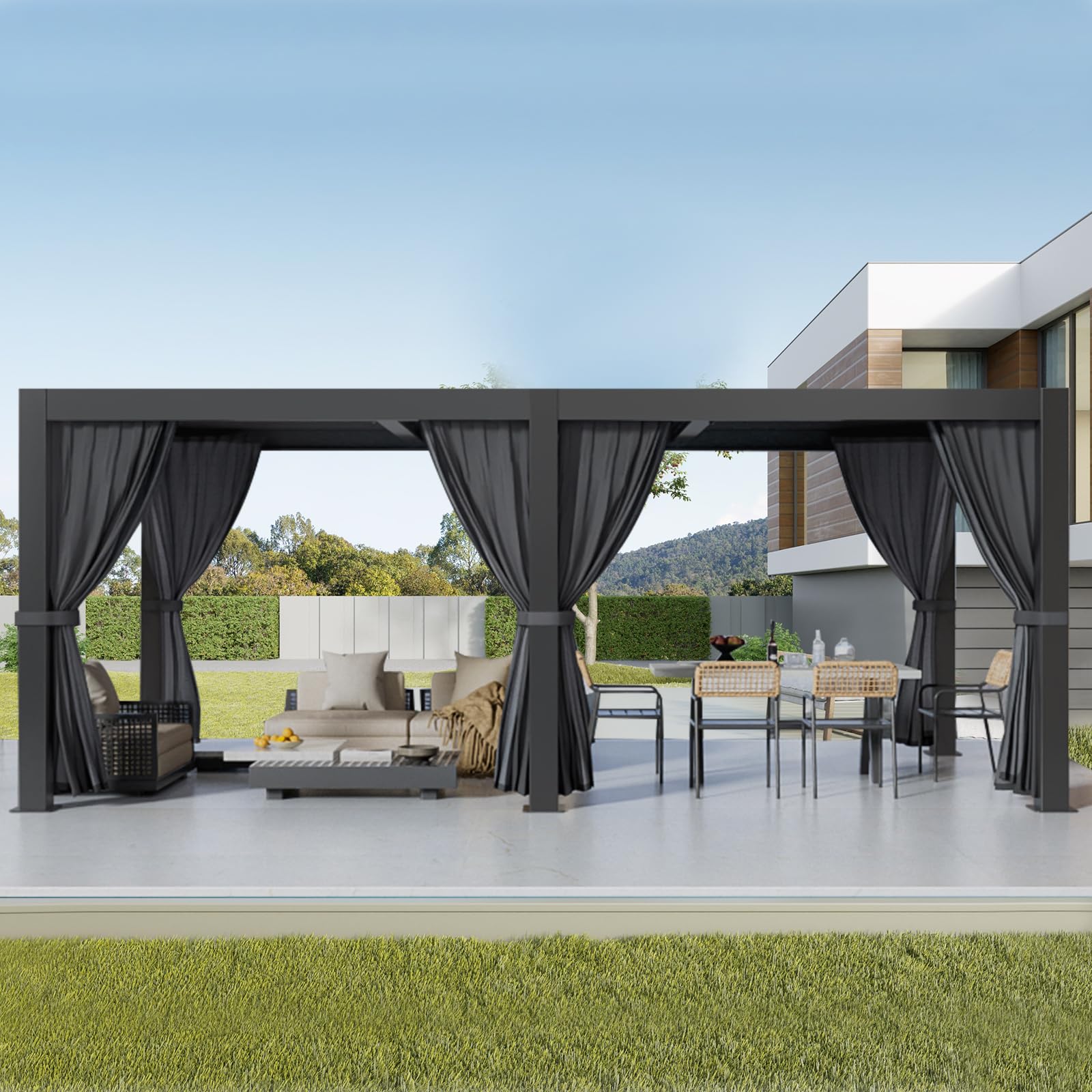 LVUYOYO 10' x 20' Adjustable Louvered Pergola - Aluminum Outdoor Gazebo with Roof, Curtains & Netting for Patio, Backyard, Garden, Deck - Perfect for Outdoor Entertaining & Relaxation (Black)