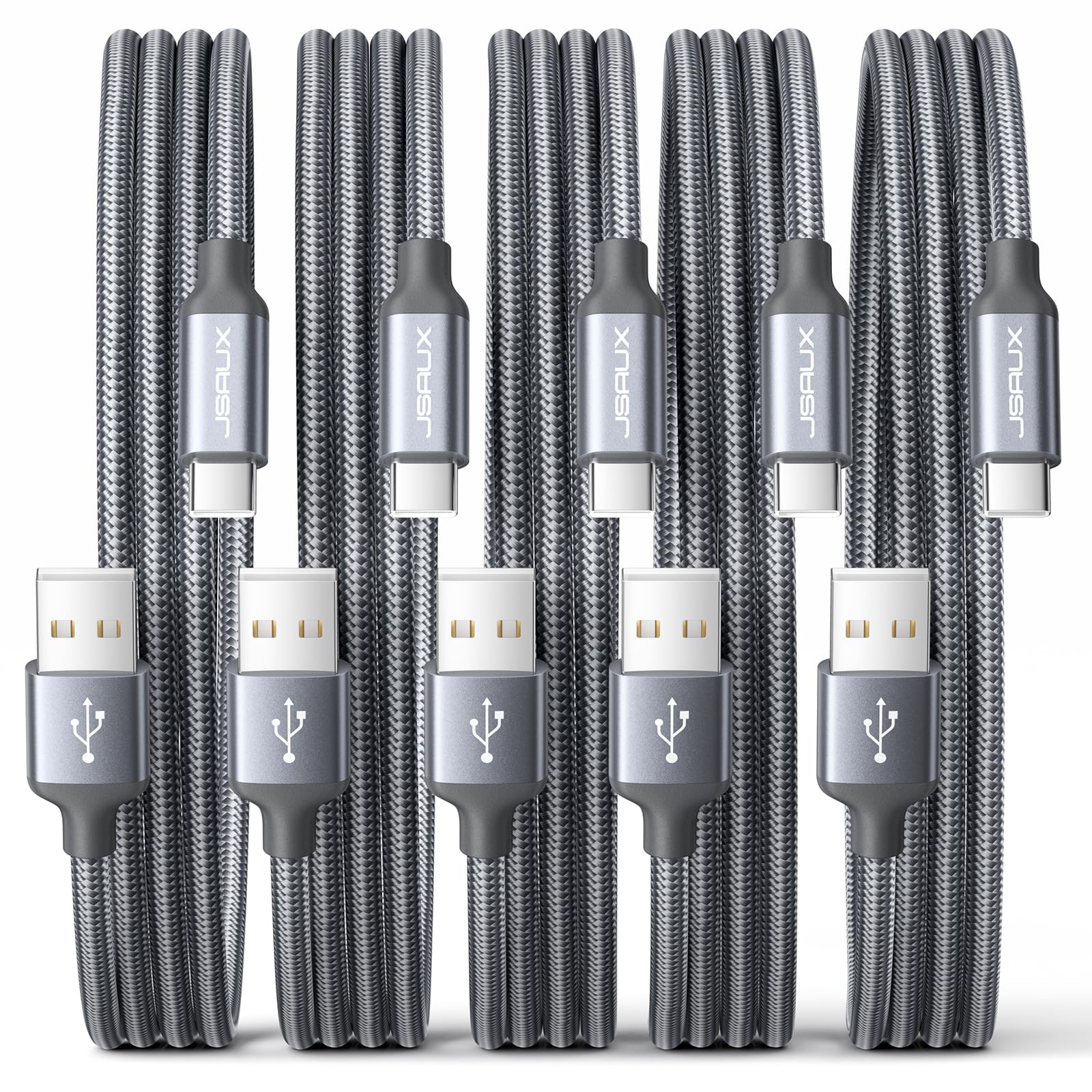 JSAUX 5-Pack USB C to USB A Cable 3.3ft Fast Charging Cord (3A) - Compatible with iPhone 16/16 Plus/16 Pro/16 Pro Max/15 Series, Samsung Galaxy S20/S10/S9, Note 20/10, CarPlay, LG - Grey | Perfect for Home, Office & Car Charging