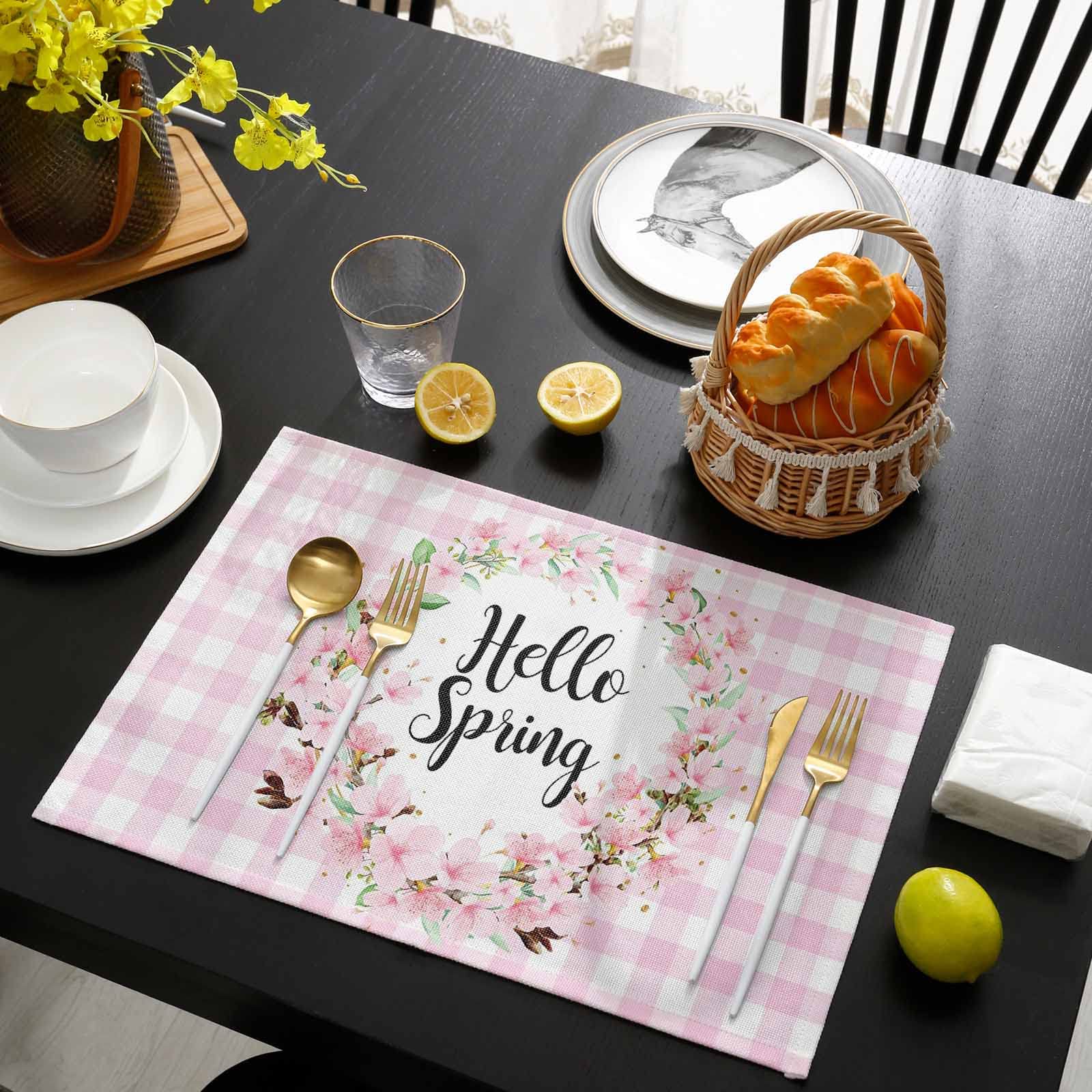 **Spring Cherry Blossom & Buffalo Plaid Placemats Set of 4 – 13x19 Inch Washable Cotton Linen Table Mats for Dining, Kitchen, and Party Decor – Heat-Proof Plate & Cup Mats for Everyday Use**