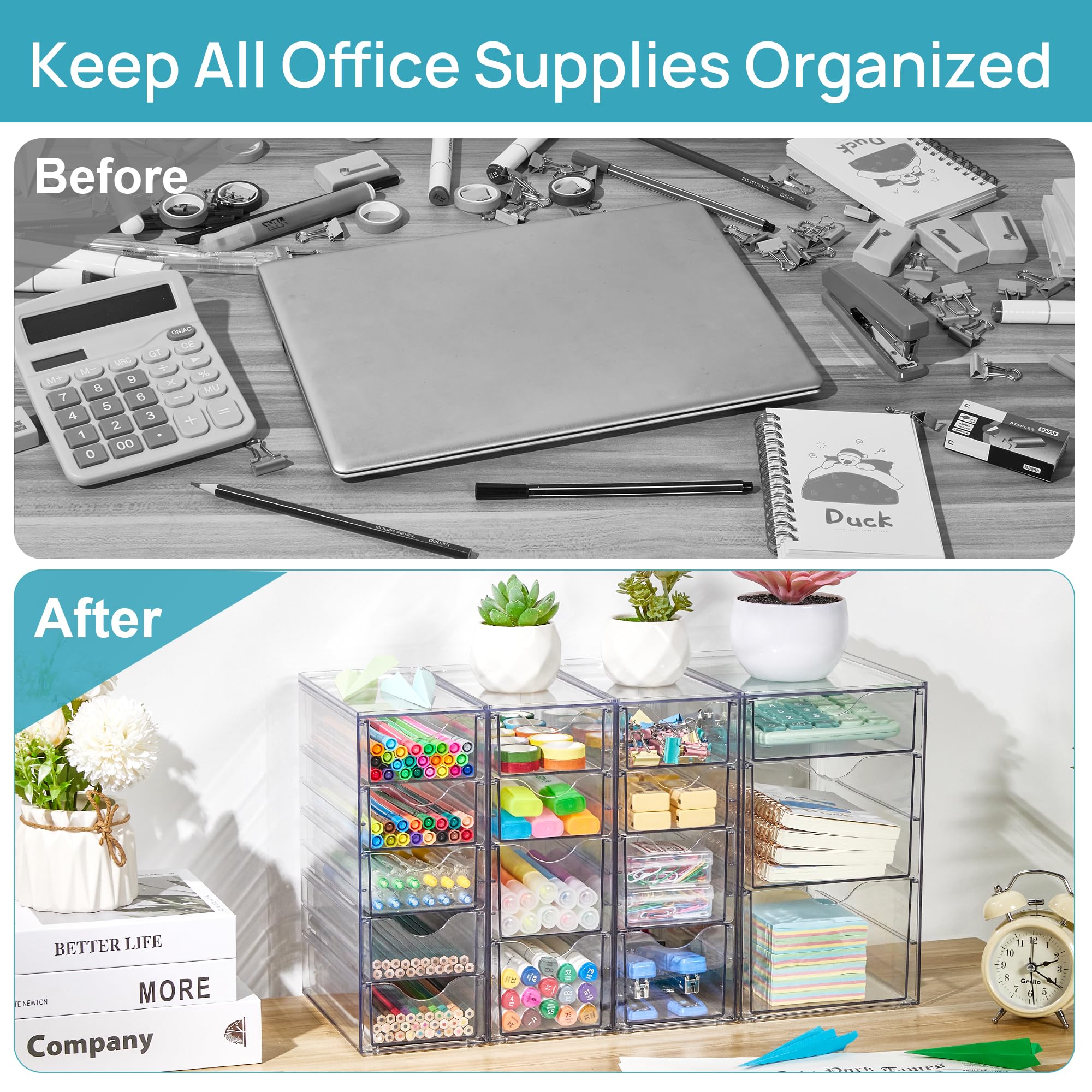 Vtopmart 16-Drawer Acrylic Organizer Set (4-Pack) - Clear Desk Organizer for Makeup, Office & Craft Supplies | Dustproof Storage Drawers for Home, Office & Beauty Salon Use
