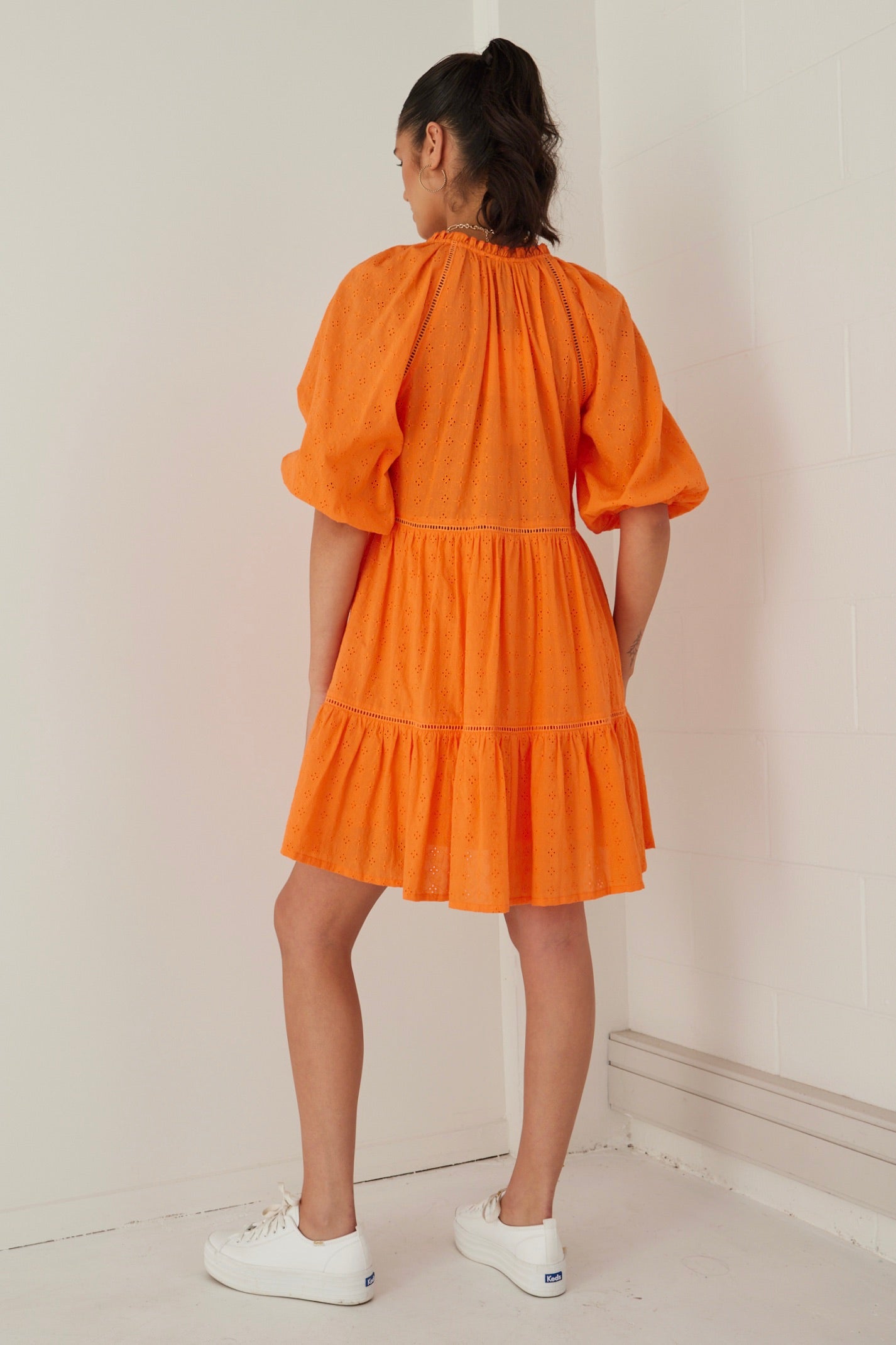 Gemini Orange Embroidered Balloon Sleeve Tiered Mini Dress - Floral Summer Party Outfit for Women, Perfect for Beach Vacations & Date Nights