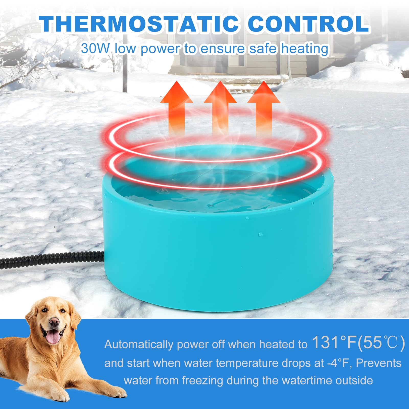 3.2L Heated Pet Water Bowl for Dogs & Cats - Outdoor Anti-Freeze Thermostatic Heated Dog Bowl for Winter - Large Heated Water Dish for Chicken, Duck, Goose, Rabbit - Perfect for Backyard, Kennel, and Farm Use