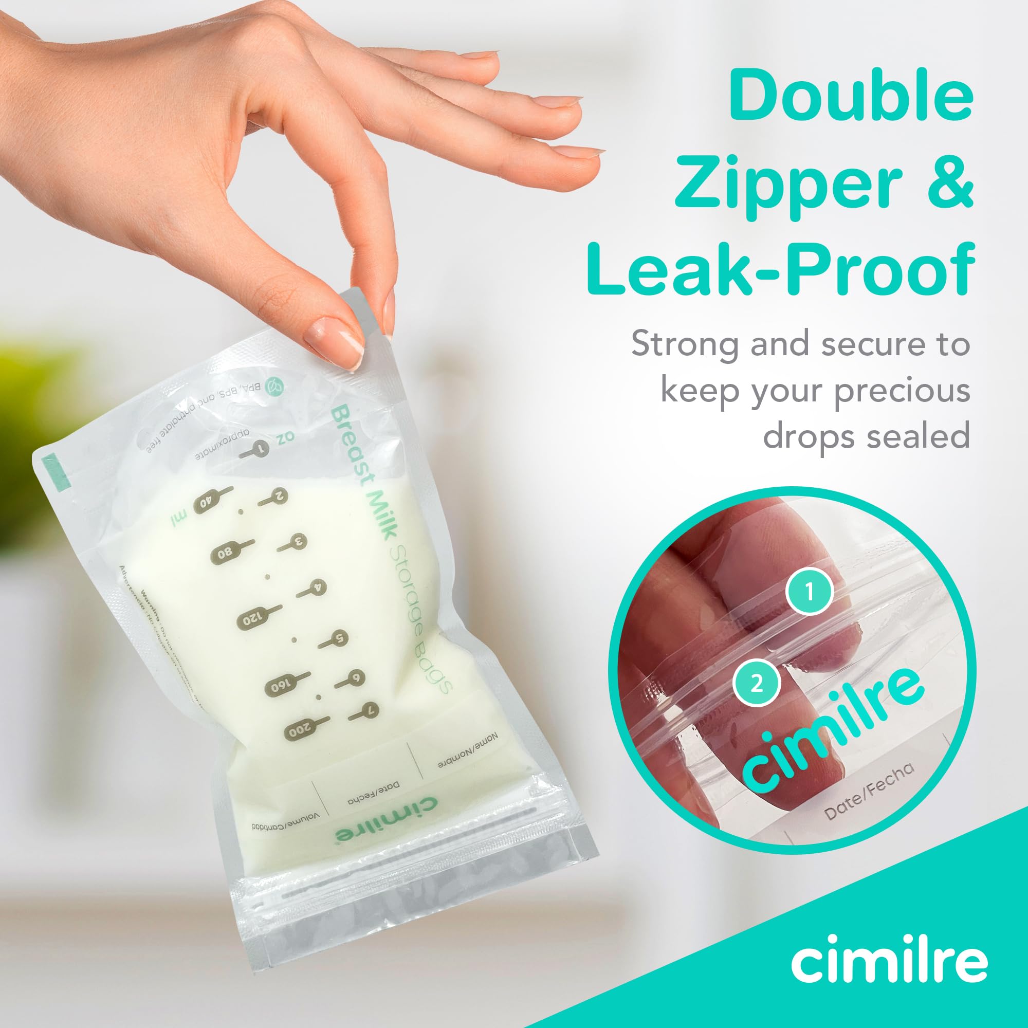 Cimilre Breast Milk Storage Bags - 100 Pack (7 oz) Leak-Proof, BPA-Free for Safe Breastmilk Storage - Freeze Flat or Stand Upright - Perfect for Pumping, Travel & Long-Term Freezing