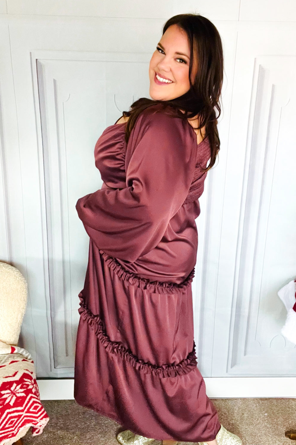 Holiday Vibes Wine Satin Front Overlap Smocked Back Maxi Dress for Women - Elegant Party Gown for Christmas, New Year & Special Occasions