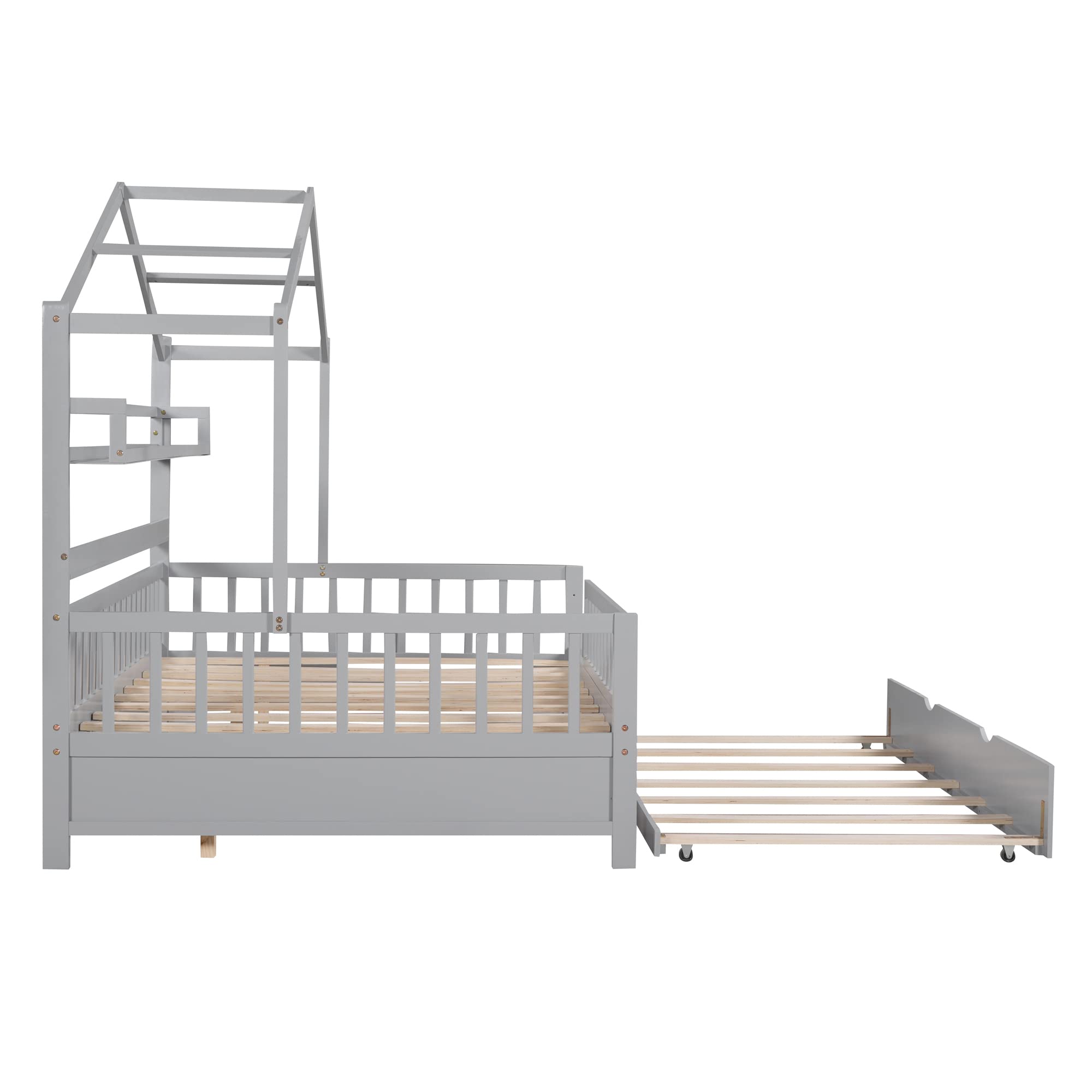 **Montessori Full Size House Bed with Trundle & Storage Shelves - Solid Wood Playhouse Bed Frame for Kids, Teens, Boys & Girls - Gray Platform Bed with Roof & Tent Design - Perfect for Bedrooms, Playrooms & Montessori Learning Spaces**