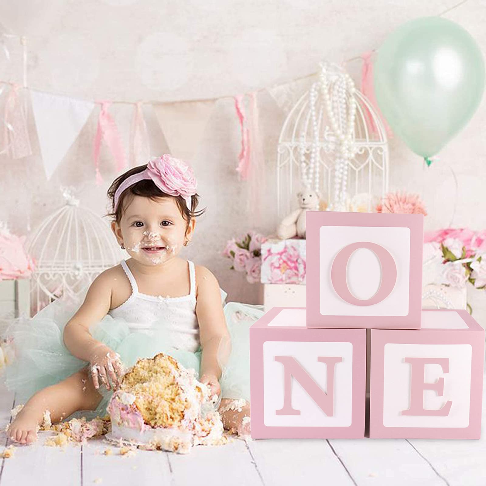 QIFU 1st Birthday Decorations for Girls - 3-Piece Pink ONE Letter Balloon Box Set with Blocks for Birthday Party Decor & Newborn Photo Props | Perfect for Baby's First Birthday, Gender Reveal, and Photography Backdrops