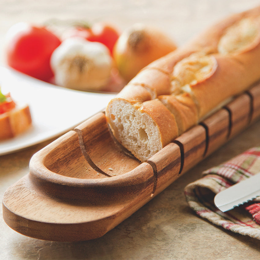 Fox Run Acacia Wood Gourmet Baguette Miter - Perfect for French Bread Slicing & Charcuterie Board Display