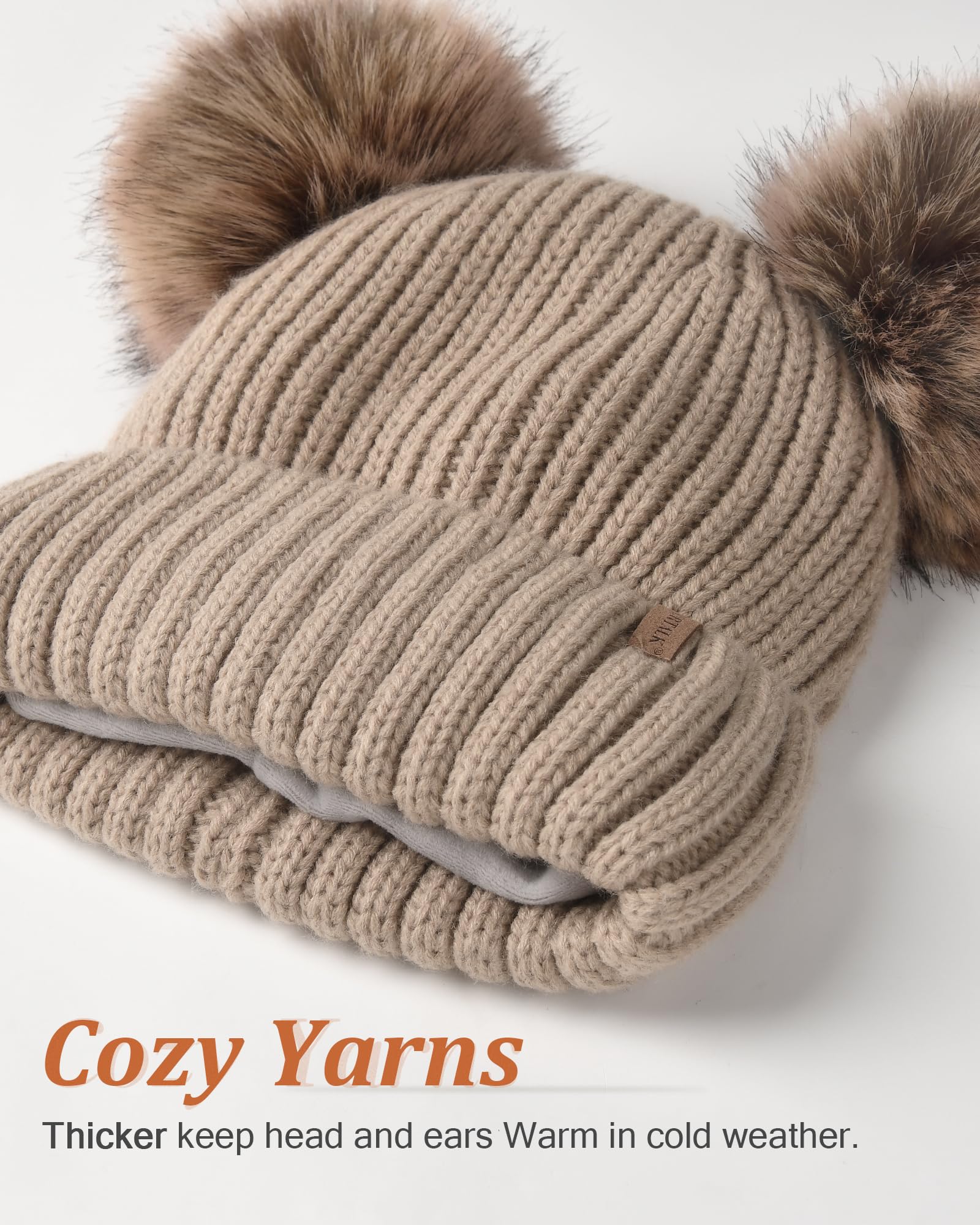 FURTALK Women's Fleece Lined Winter Beanie Hat - Warm Knit Hat with Double Faux Fur Pom Poms for Women & Girls - Perfect for Cold Weather, Snow Days & Outdoor Activities