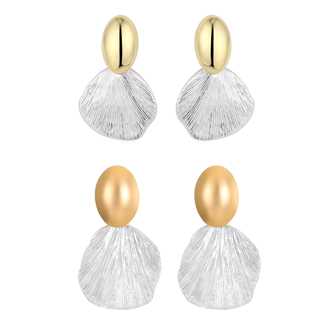 Textured Two Tone Abstract Fan Shaped Shell Drop Earrings for Women | R2690 | Boho Beach Wedding Party Jewelry Gift