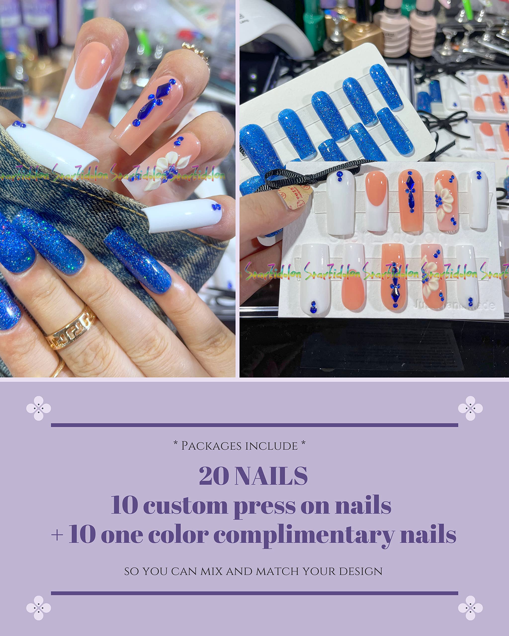 Hand-Painted White Press On Nails with French Blue Tips - Acrylic Powder Coffin Fake Nails Kit (Medium/Short, Style 2) - Includes 7g Nail Glue - Perfect for Parties, Weddings & Special Occasions
