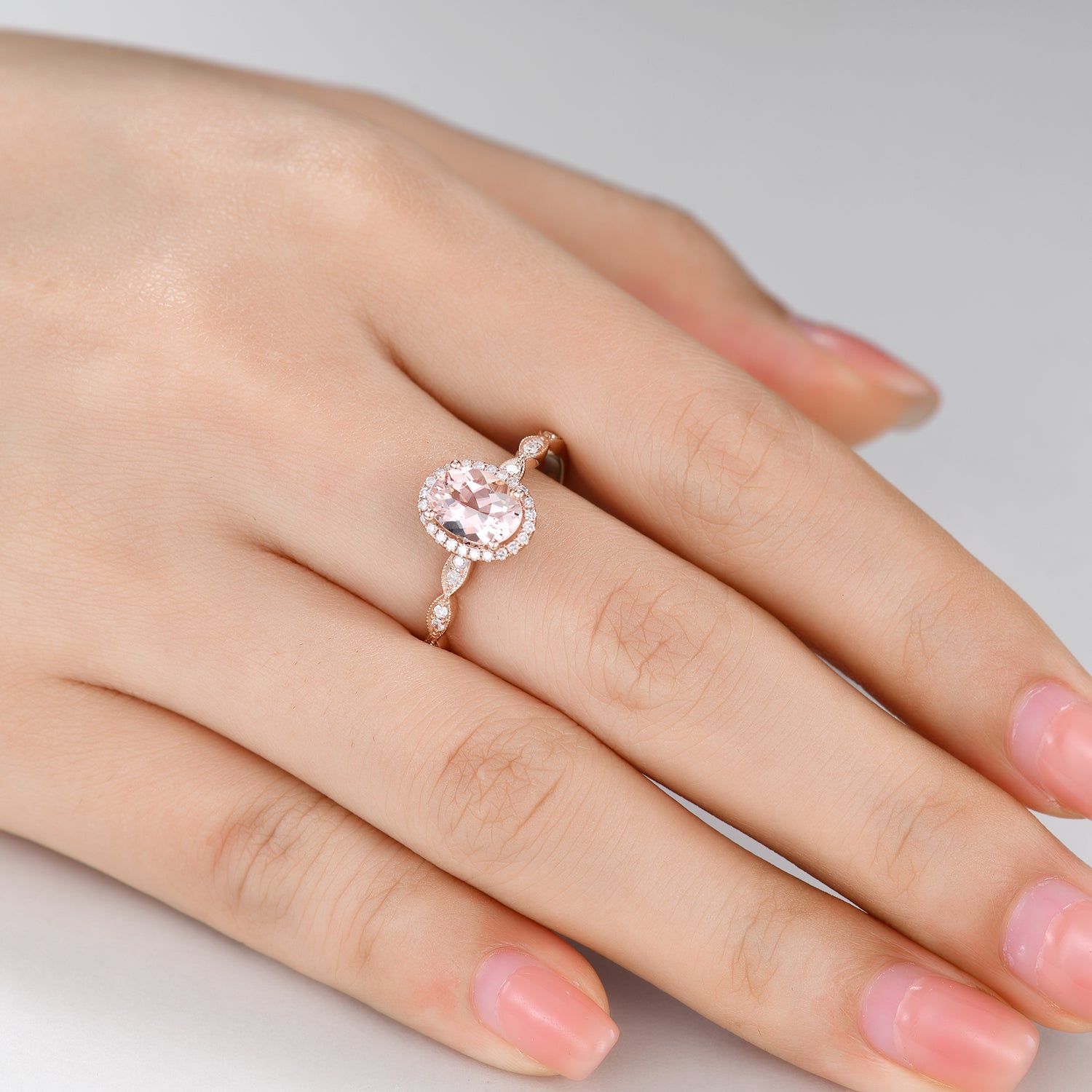 5x7mm Oval Cut Halo Morganite & Diamond Engagement Ring - Vintage Art Deco Style for Wedding, Proposal & Anniversary Gifts