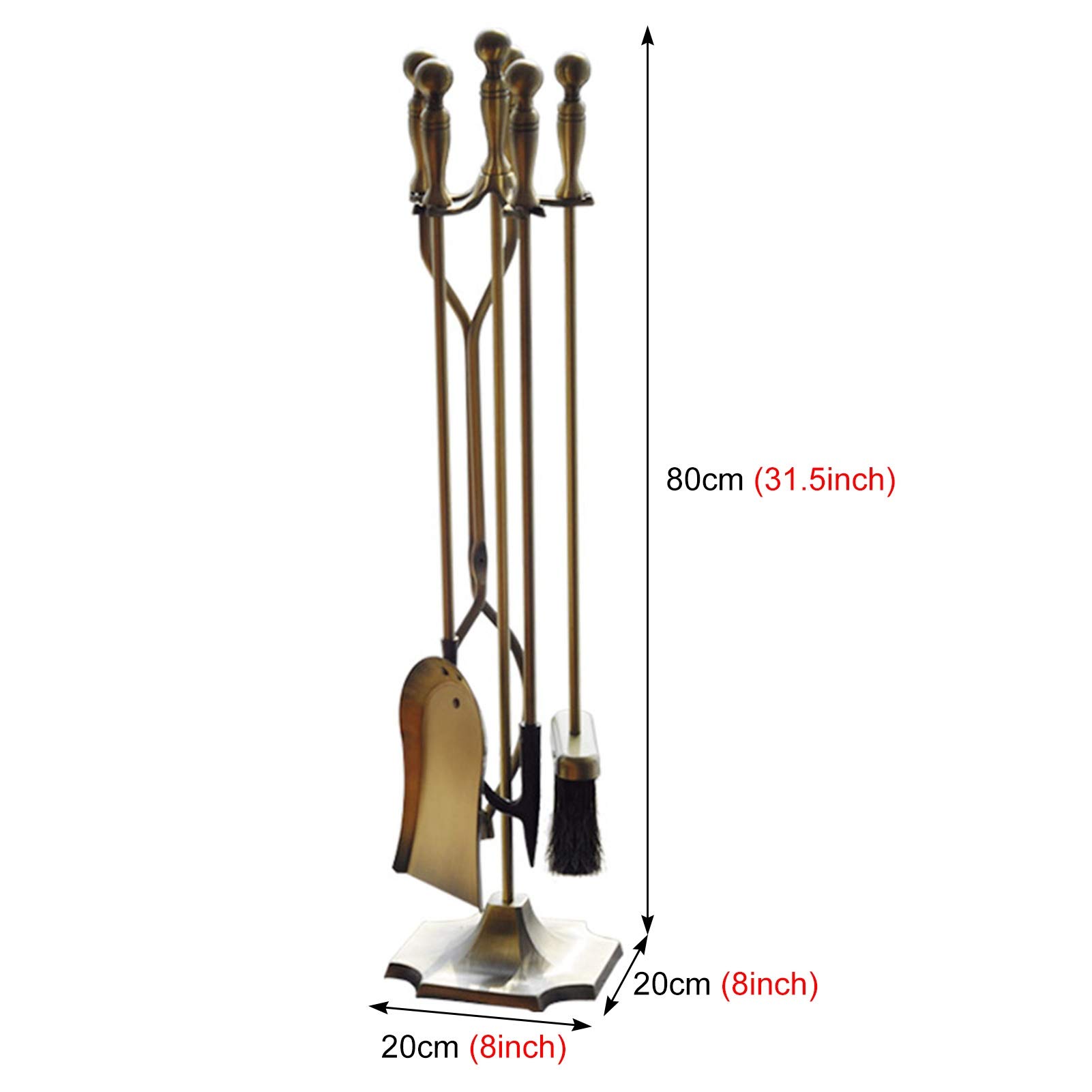 Antique Brass Fireplace Tool Set (5-Piece) - Wrought Iron Fireplace Accessories with Stand - Includes Tongs, Shovel, Brush & Poker - Perfect for Fireplace Maintenance & Home Decor