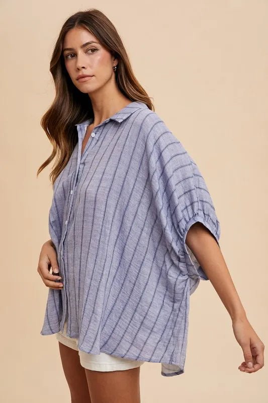 Annie Women's Striped Button Up Half Sleeve Shirt - Casual Office Wear & Summer Outfits