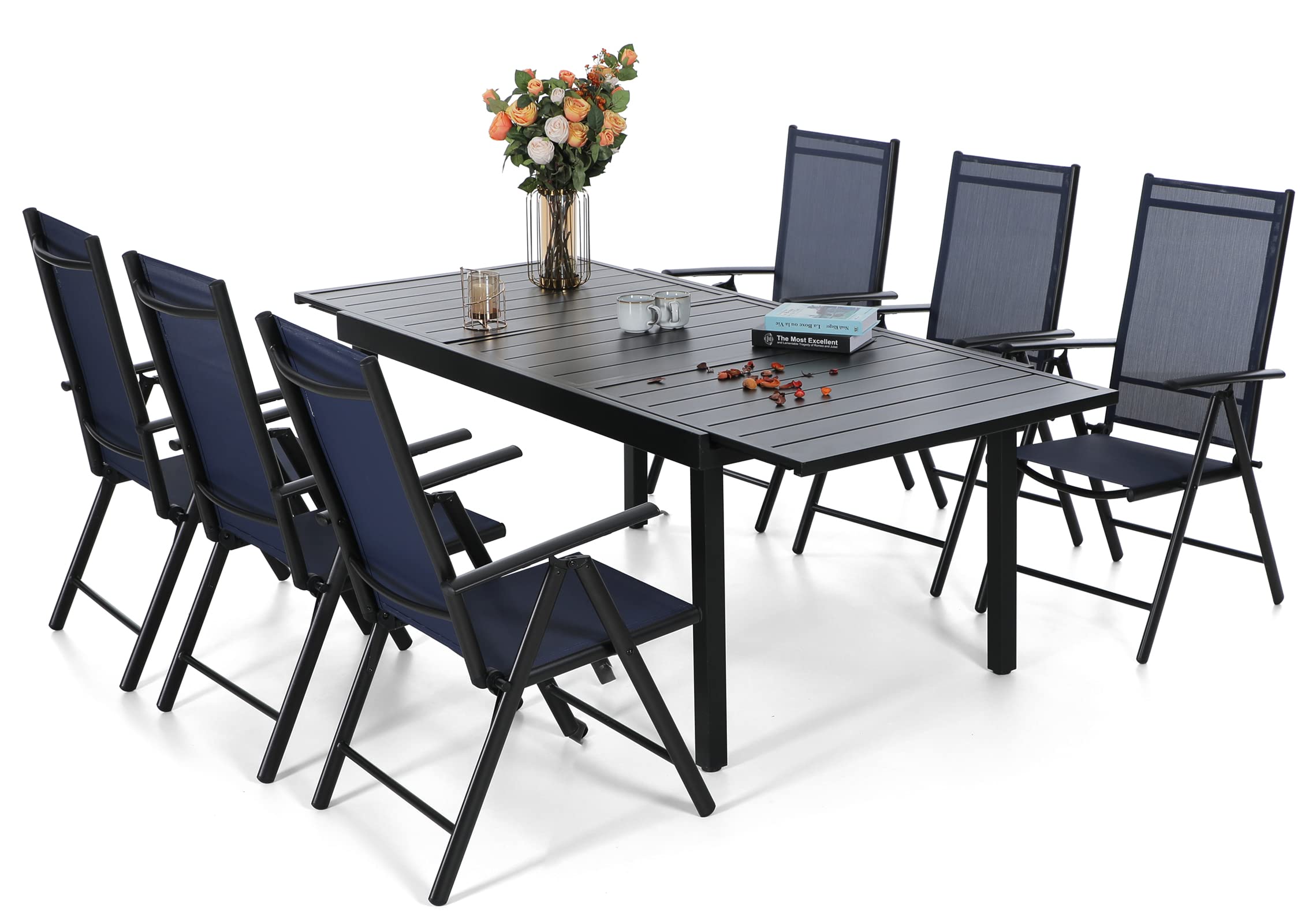 Sophia & William 6-Piece Expandable Outdoor Dining Set - Metal Patio Table & 6 Foldable Textilene Chairs in Blue | Perfect for Backyard BBQs, Garden Parties & Poolside Dining