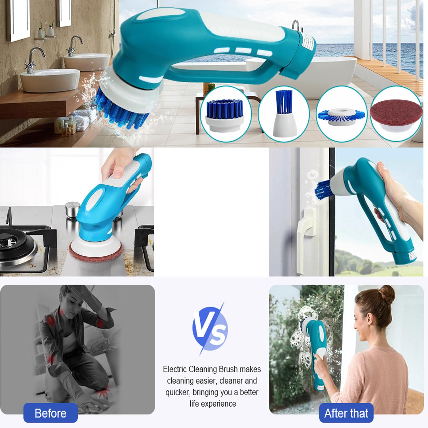 RICHOOSE Cordless Electric Scrubber - 6 Brush Heads for Bathroom, Kitchen & Shower Cleaning