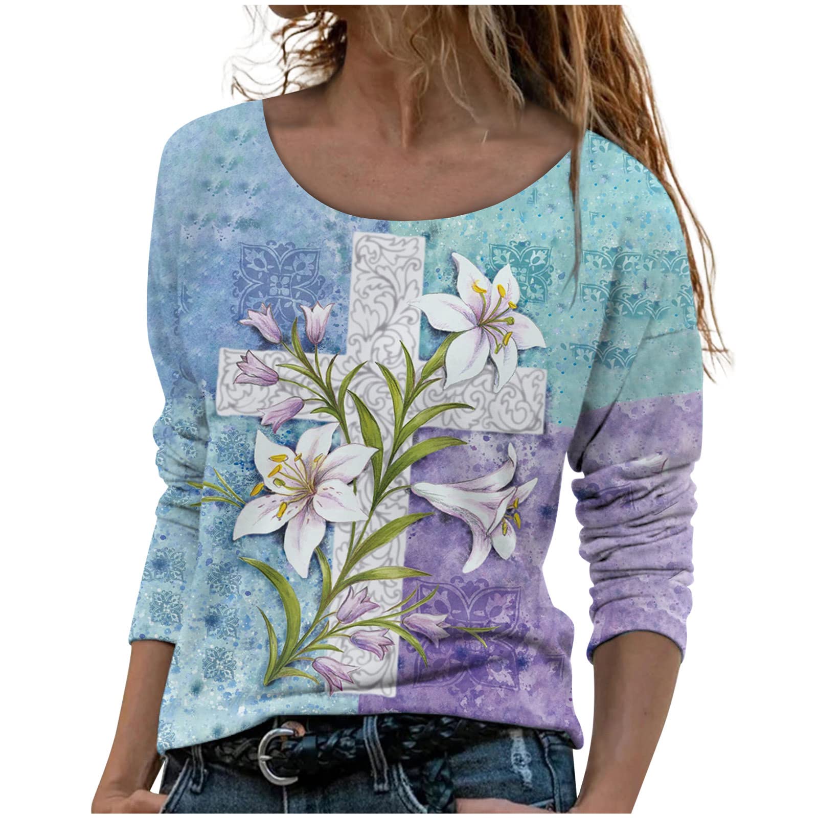 Women's Long Sleeve Floral Print Crewneck Tunic Tops - Casual Loose Comfortable Blouse for Everyday Wear, Work & Fall Fashion
