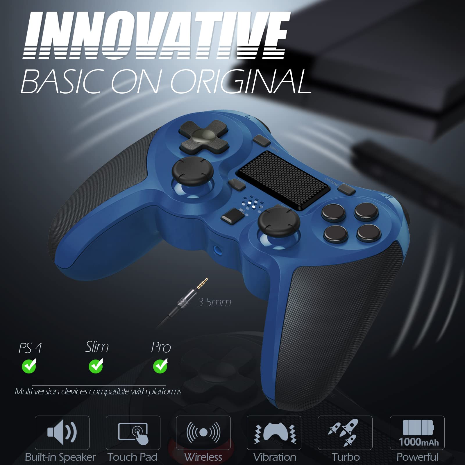 TERIOS Wireless PS4 Controller - Compatible with Playstation 4 Pro & Slim, Built-in Speaker, 3.5mm Headset Jack, Touchpad, Rechargeable Battery - Blue | Perfect for Gaming, Streaming & Multiplayer Sessions