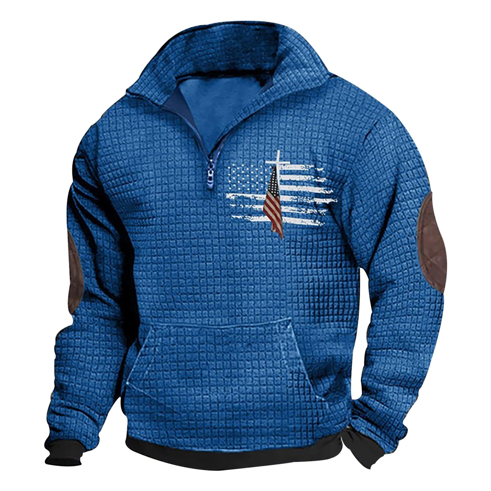 Men's Waffle Pullover Sweatshirt - USA Flag Cross Pattern Quarter Zip Hoodless Long Sleeve Casual Jogger Shirt | Stylish & Comfortable for Outdoor Activities, Gym Workouts & Everyday Wear