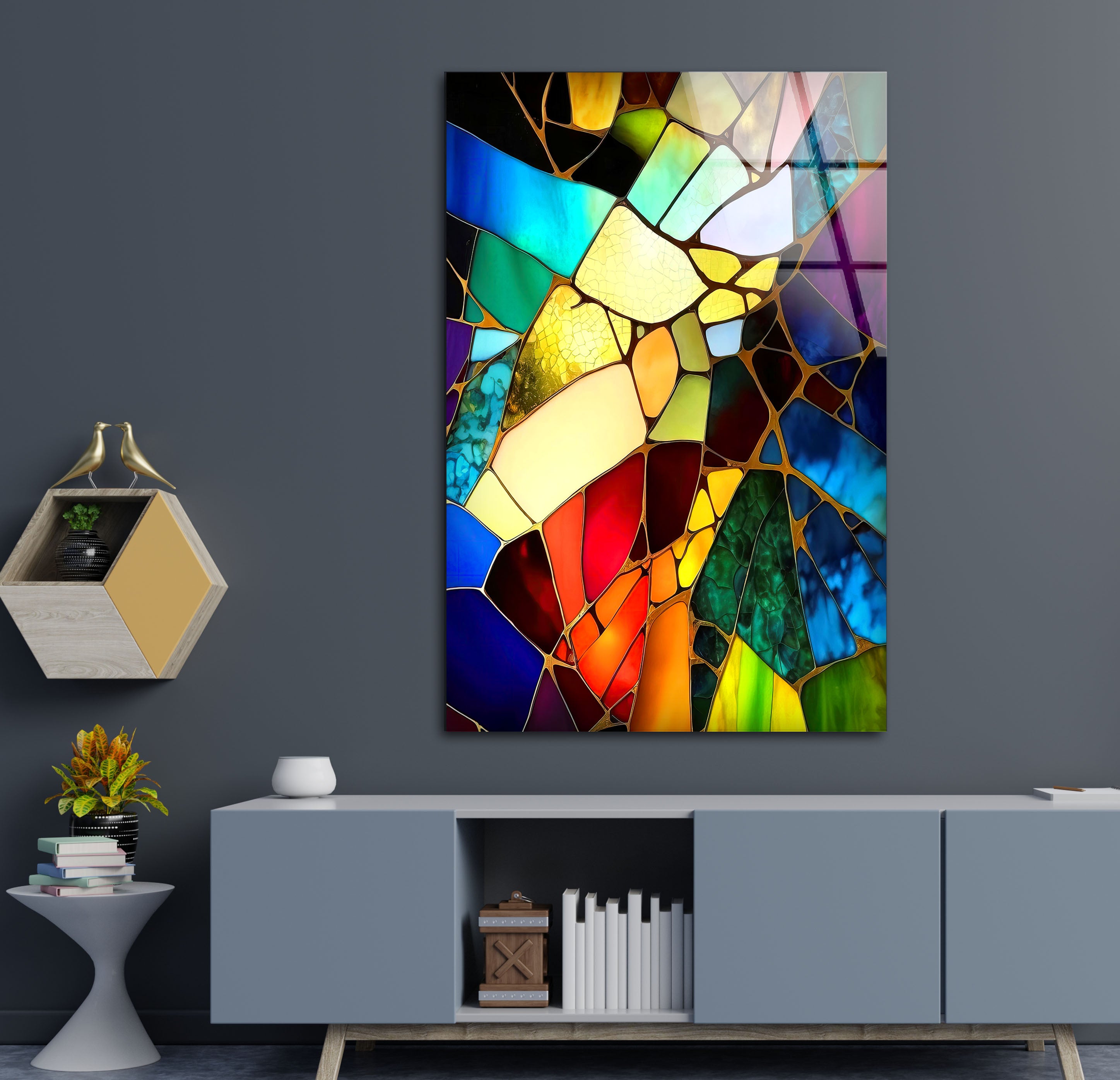 Vibrant Stained Glass Wall Art - Abstract Fractured Glass Print for Modern Home Decor | Artistic Wall Hanging for Living Room, Bedroom & Office | Unique Eclectic Interior Design Accent