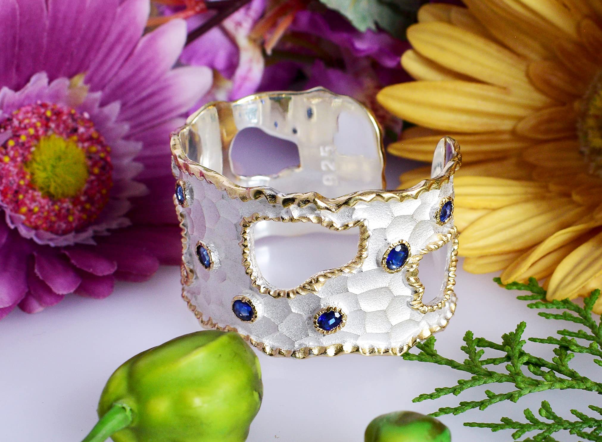 Kyanite & CZ Gemstone 925 Sterling Silver Cuff Bangle - Handmade Jewelry Gift for Women, Elegant Bracelet for Birthday, Anniversary & Special Occasions