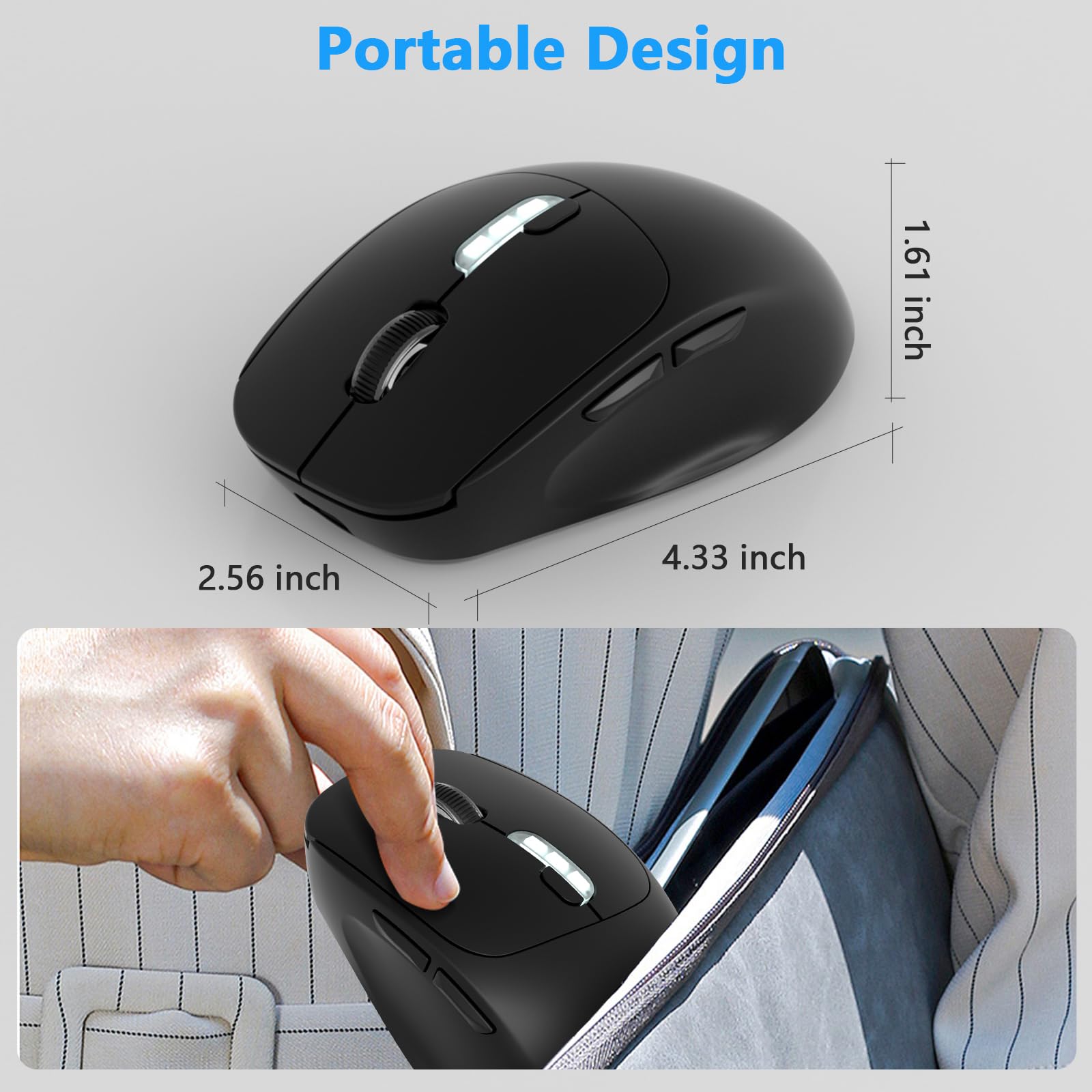 ZXA 2.4G Wireless Mouse for Laptop - Ergonomic Rechargeable Computer Mouse with USB Receiver & USB-C Adapter for PC, Tablet, Chromebook (Black) - Perfect for Office Work, Home Use & Travel