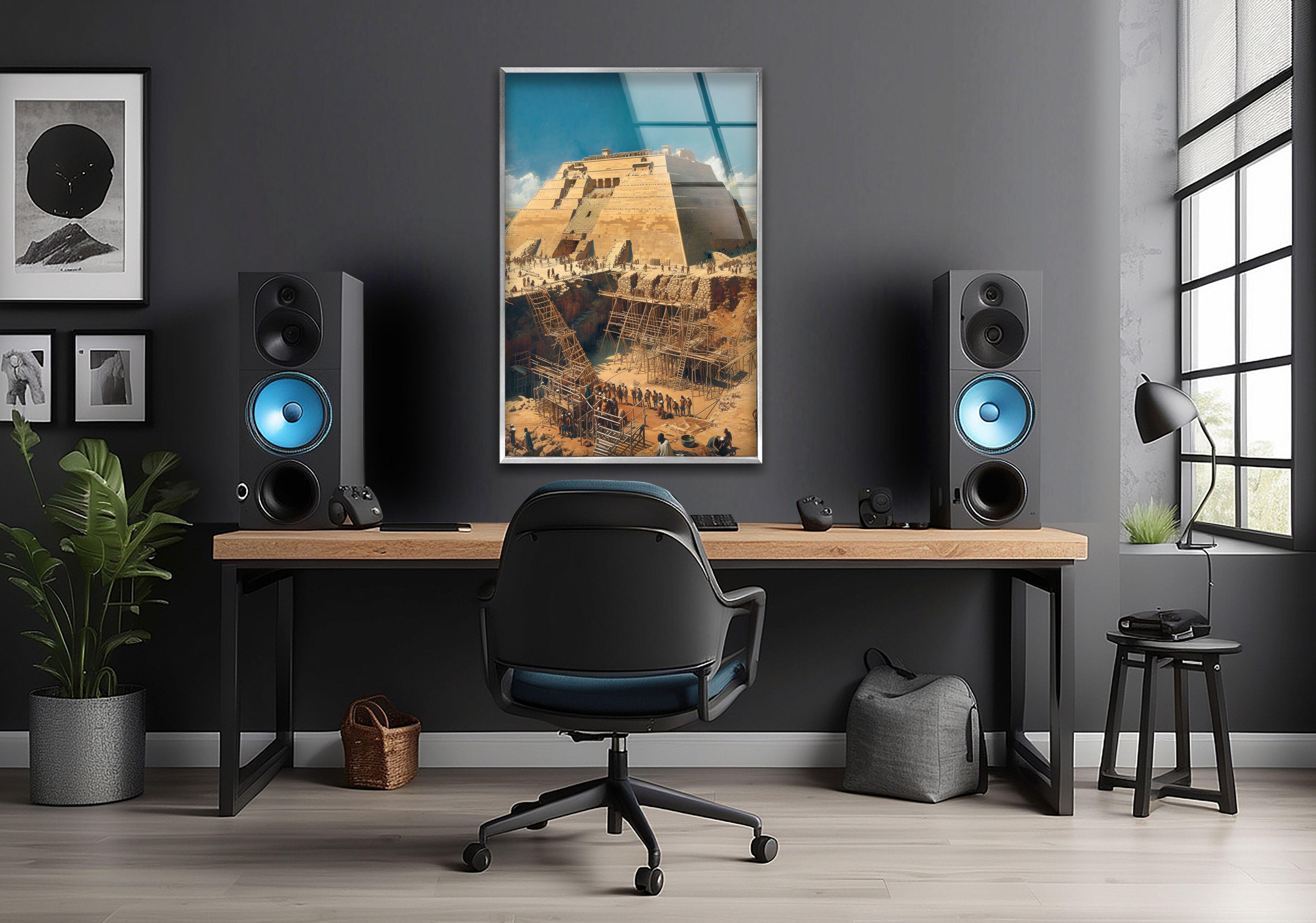 Ancient Pyramid Construction Glass Wall Art - Handmade Egyptian History Decor for Home & Office - Perfect for Living Room, Bedroom, or Office Wall Decor