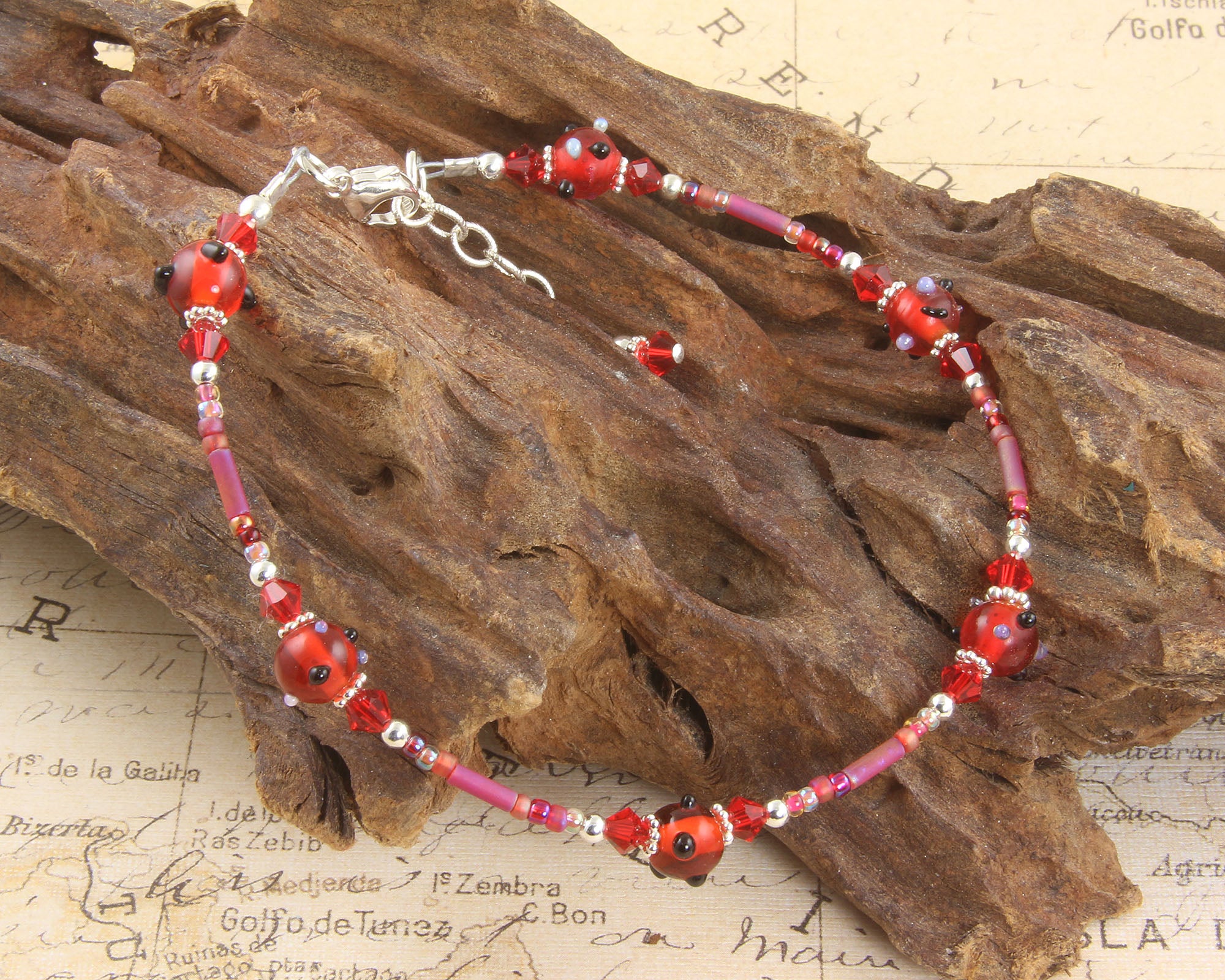 Elegant Red Glass Crystal Silver Beaded Anklet for Women - Boho Chic Ankle Bracelet for Summer, Beach, Parties & Everyday Wear