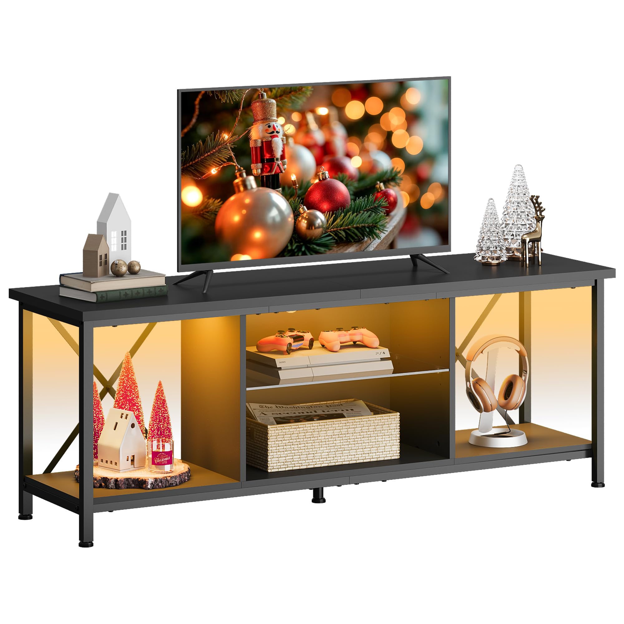 WLIVE 65 Inch TV Stand with LED Lights, Industrial TV Console with Glass Shelves for Living Room & Bedroom - Black | Perfect for Modern Home Entertainment & Gaming Setup