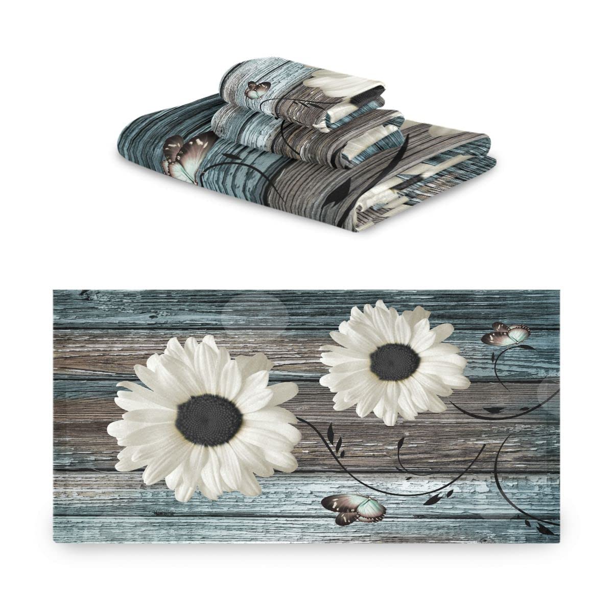 Farmhouse Bath Towels Set - 3 Piece Floral Rustic Daisy Design (1 Bath Towel, 1 Hand Towel, 1 Washcloth) - Soft, Absorbent Cotton for Bathroom & Kitchen - Teal Blue & White Wooden Plank Style - Perfect for Farmhouse Decor, Guest Bathrooms & Cozy Home Use