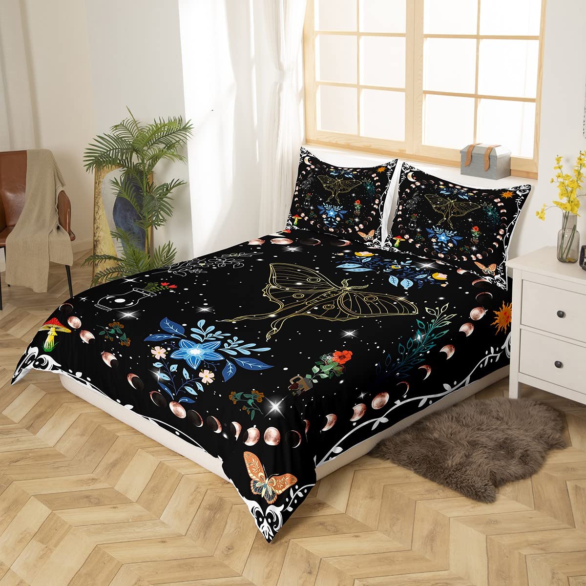 Trippy Moon Phase Duvet Cover Twin Size - Gothic Moth Butterfly Mushroom Bedding Set with Galaxy Glitter Stars & 1 Pillowcase - Perfect for Kids, Teens & Boho Bedrooms (Zipper Closure & Ties)